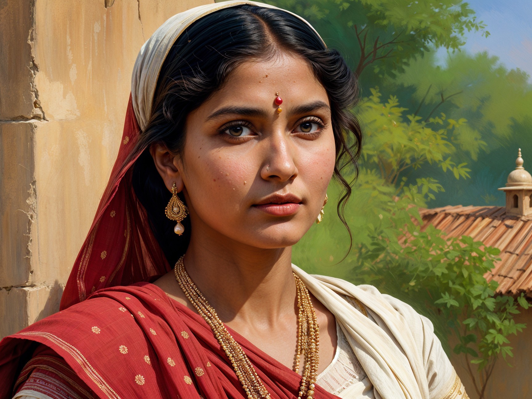 Young Woman in Traditional Attire with Cultural Backdrop
