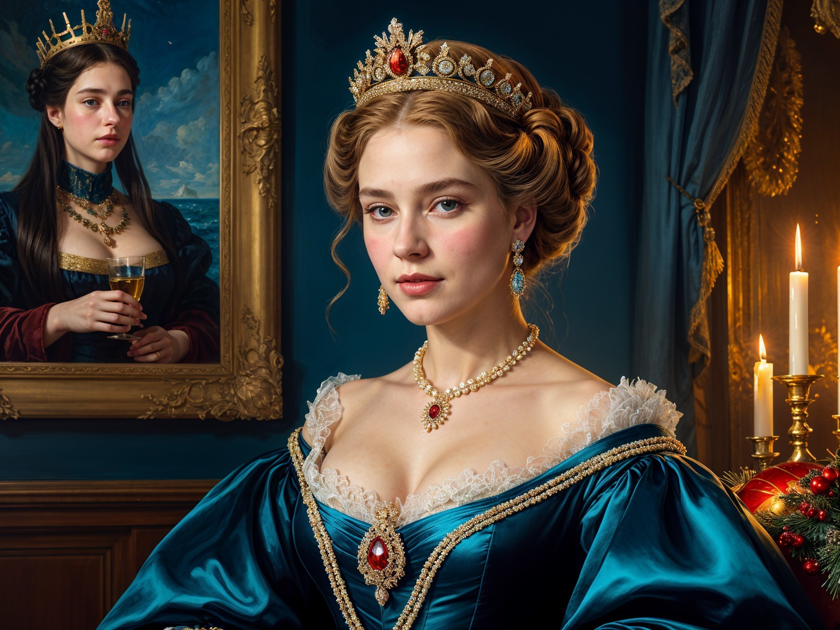 Regal Woman in Turquoise Gown with Lavish Jewelry