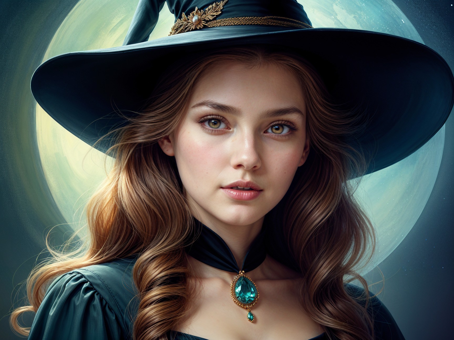 Young woman in witch's hat with moonlit backdrop