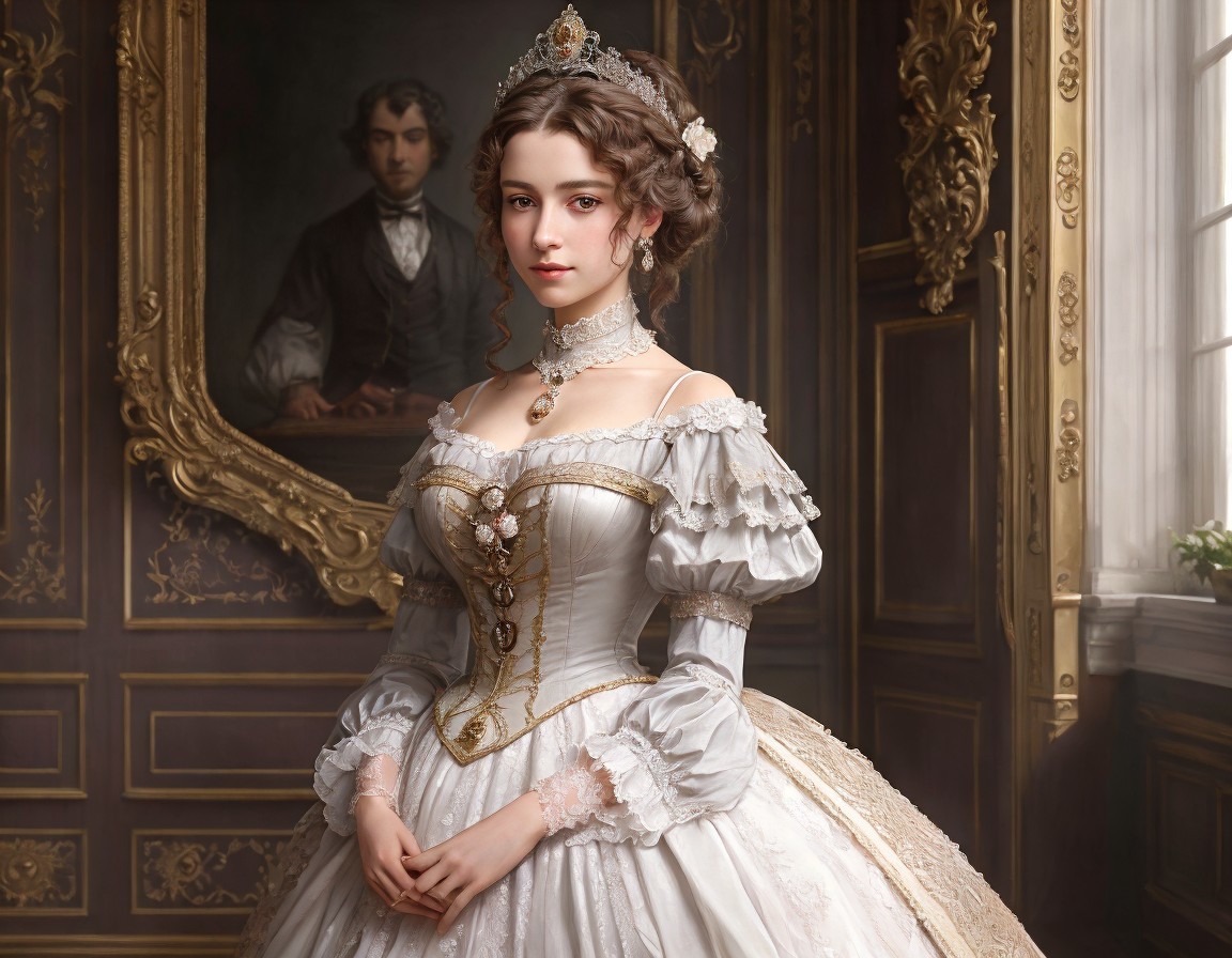 Victorian woman in white dress beside man's portrait in luxurious room