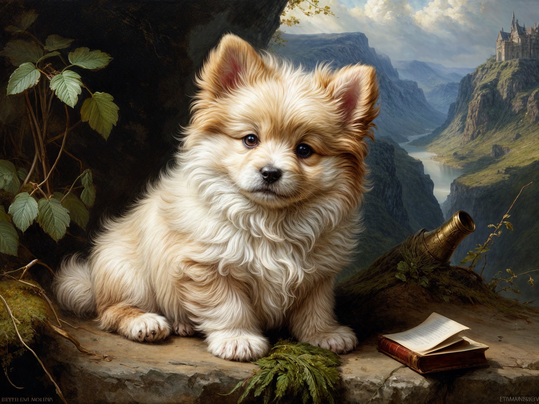 Fluffy Pomeranian Puppy on Mossy Rock in Nature