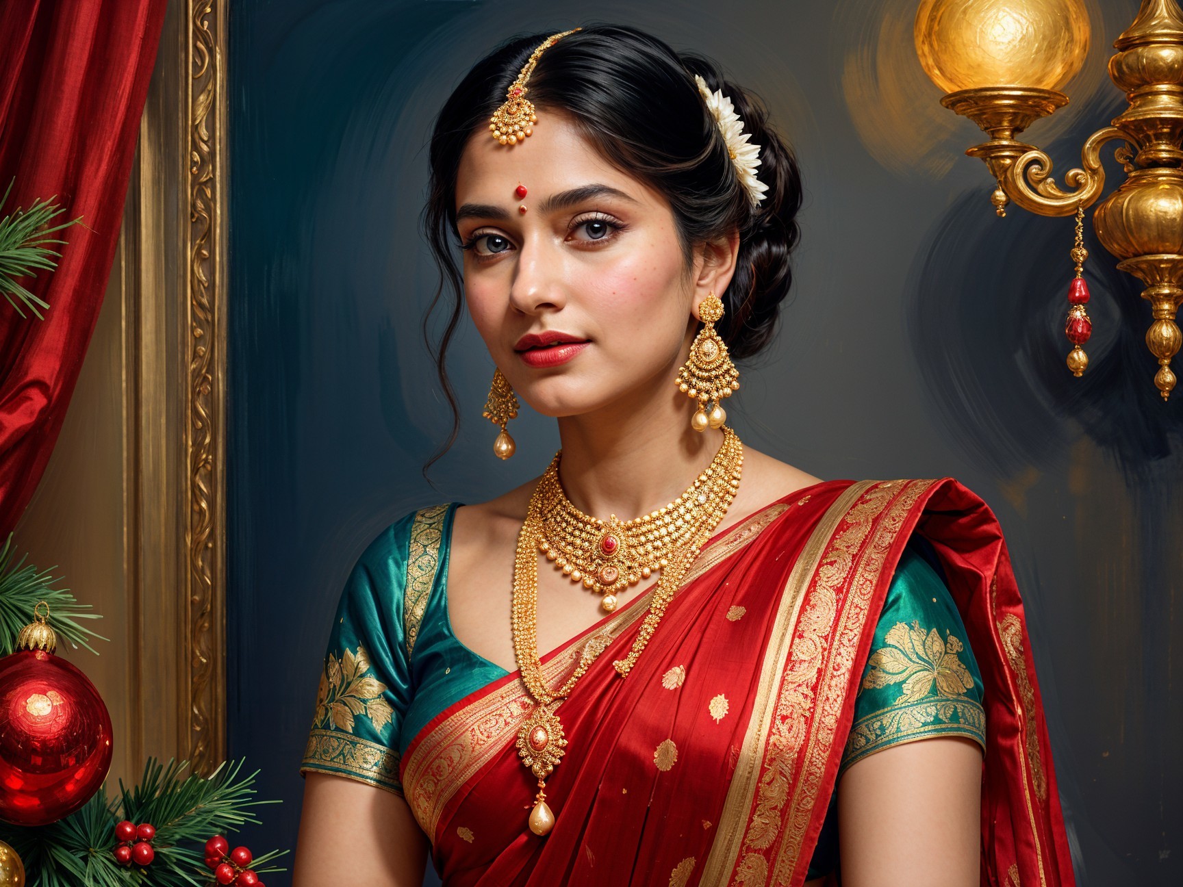 Young Woman in Vibrant Saree with Elegant Jewelry