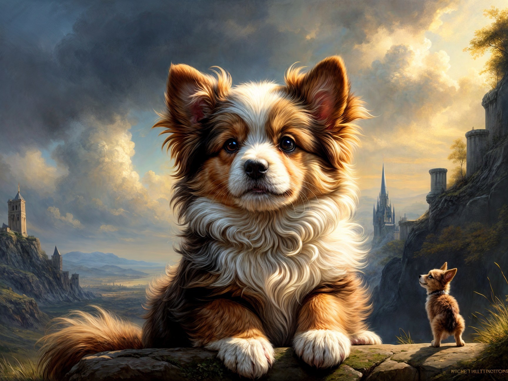 Regal Dog in Scenic Landscape with Smaller Companion