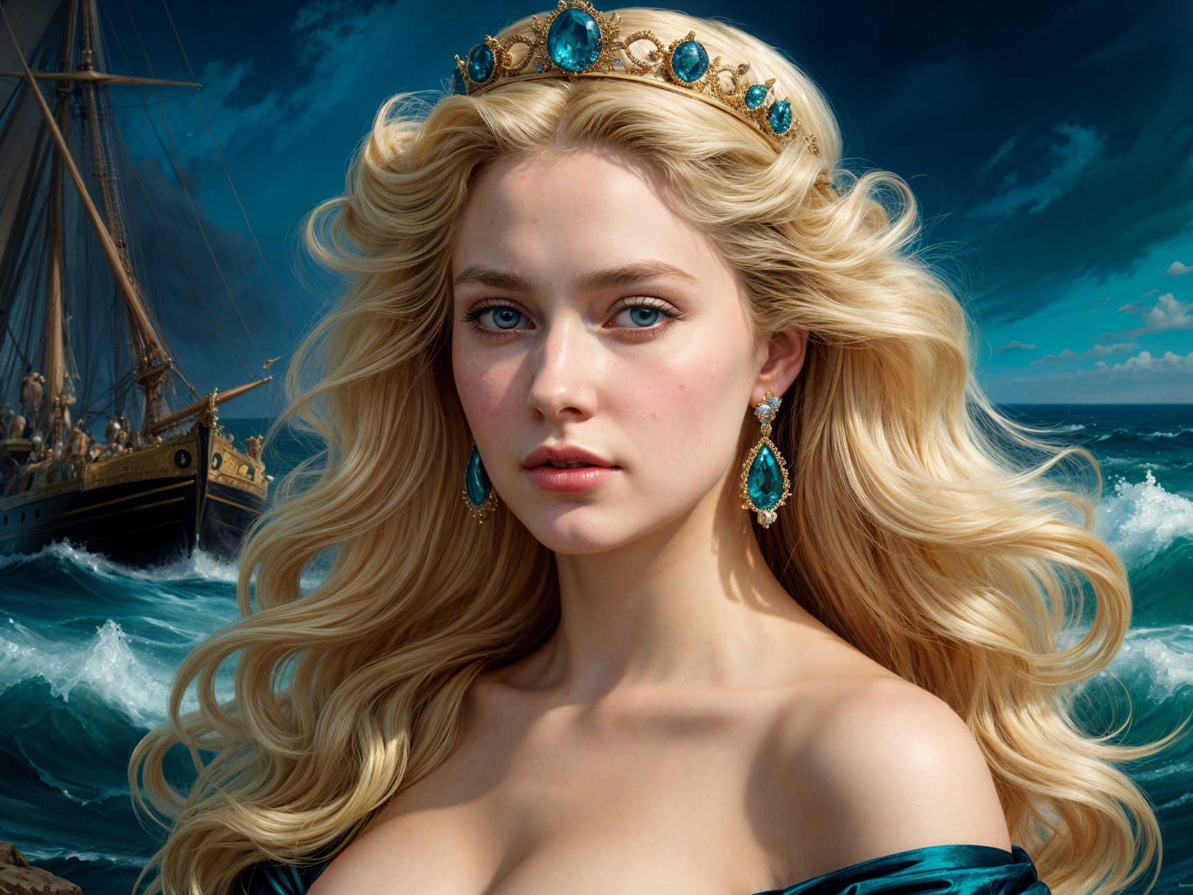 Young Woman with Crown and Tall Ship in Background