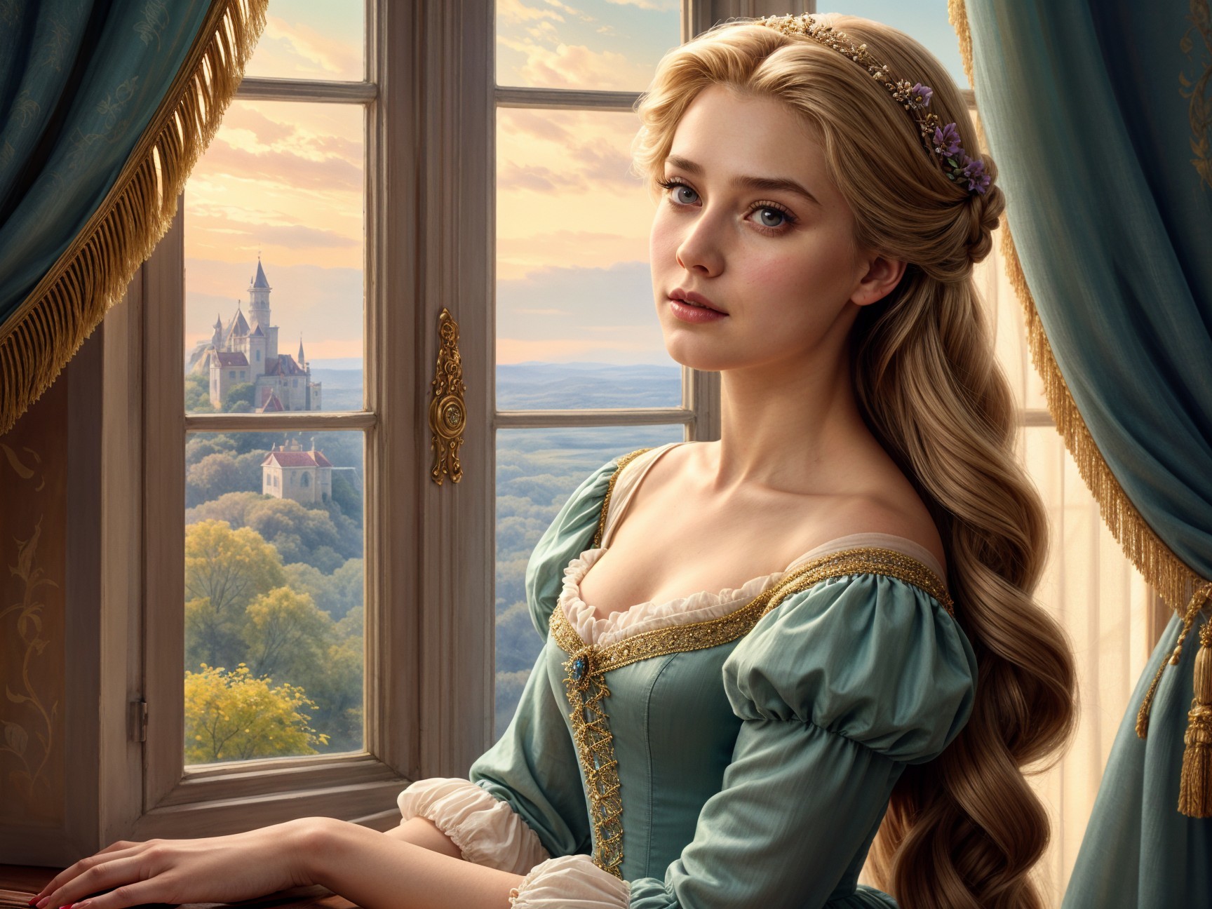Young Woman in Turquoise Gown by Castle Window
