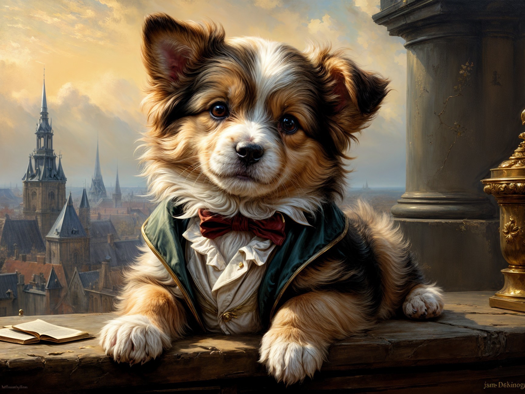 Puppy in Green Jacket Against Cityscape Background
