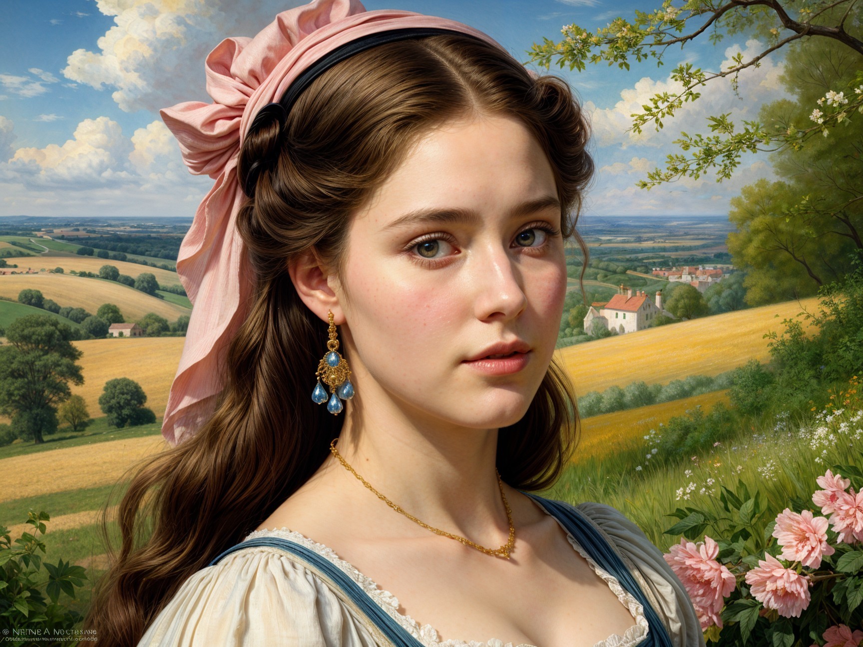 Young woman in dress with serene countryside backdrop