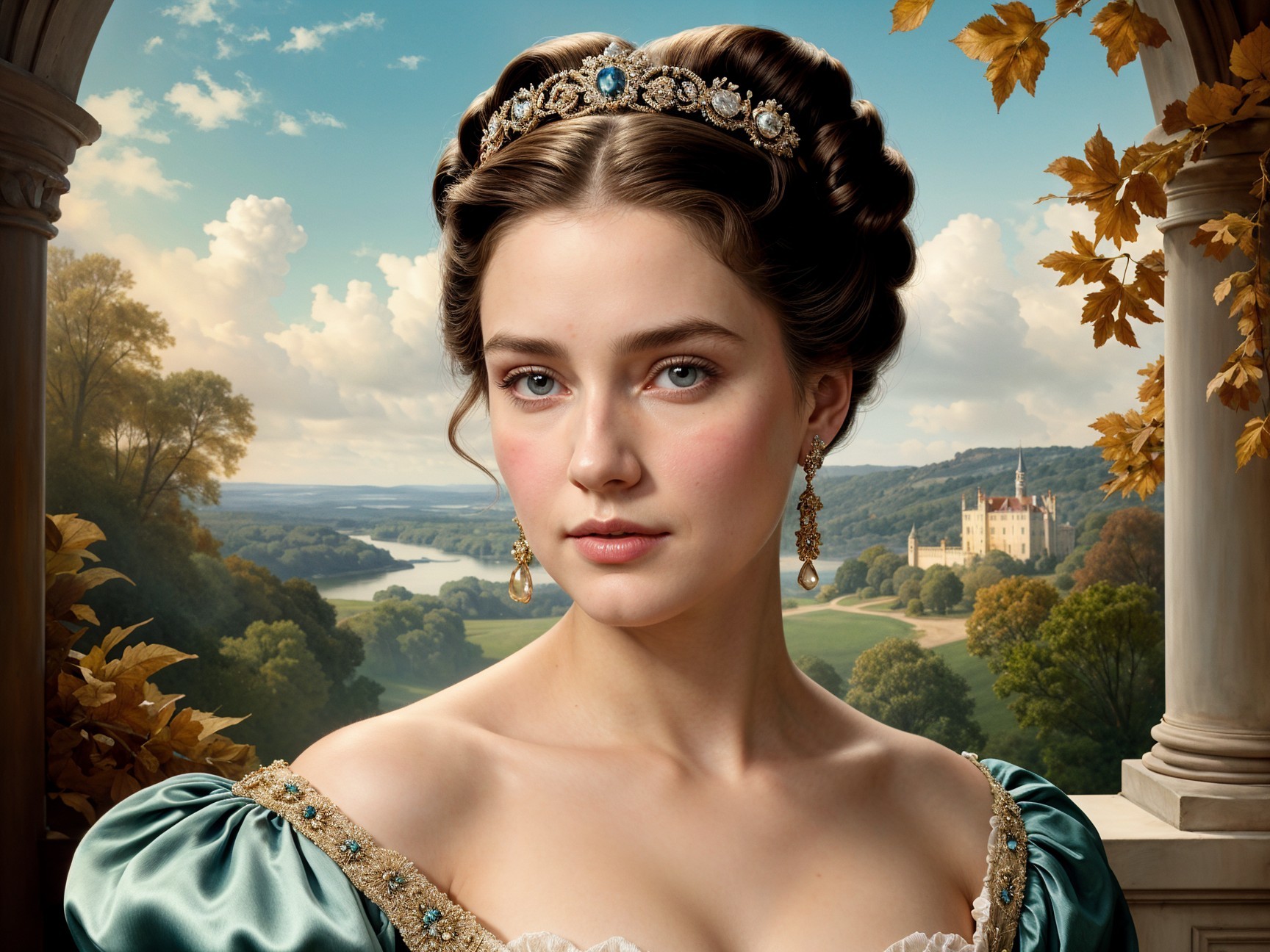 Elegant woman in historical gown with serene backdrop
