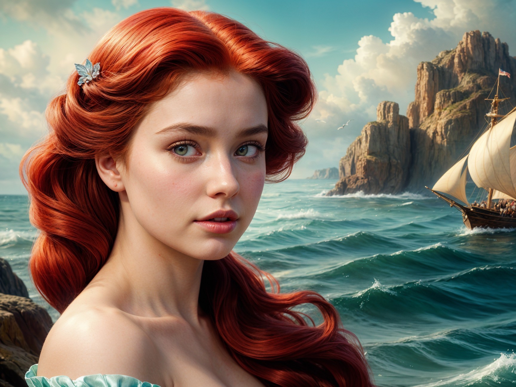 Young woman with red hair at scenic coastline