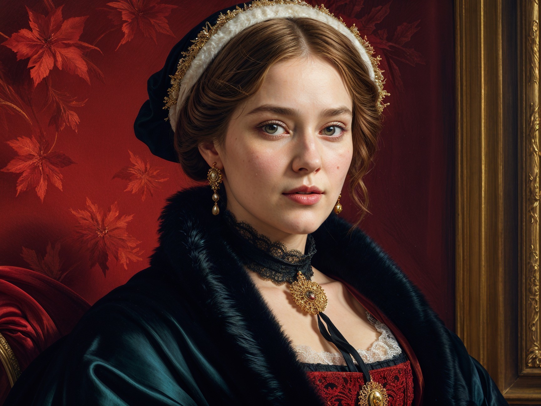 Vintage Portrait of Woman in Ornate Dress and Shawl