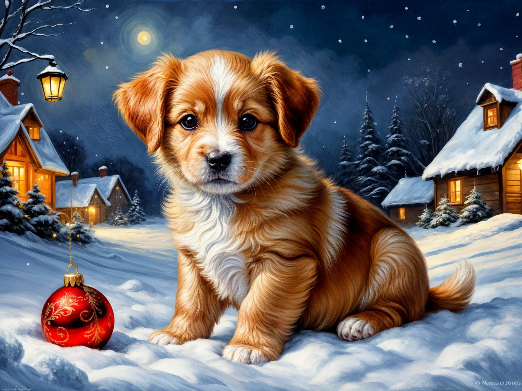 Fluffy Orange and White Puppy in Snowy Landscape
