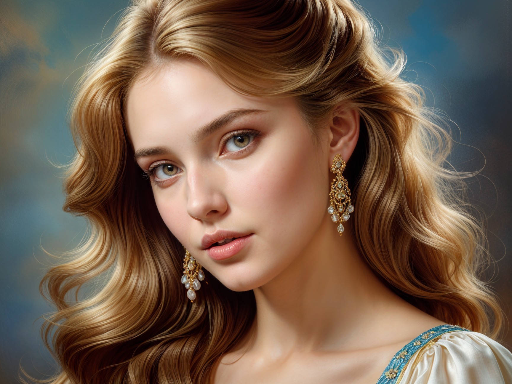 Young woman with blonde hair and green eyes in earrings