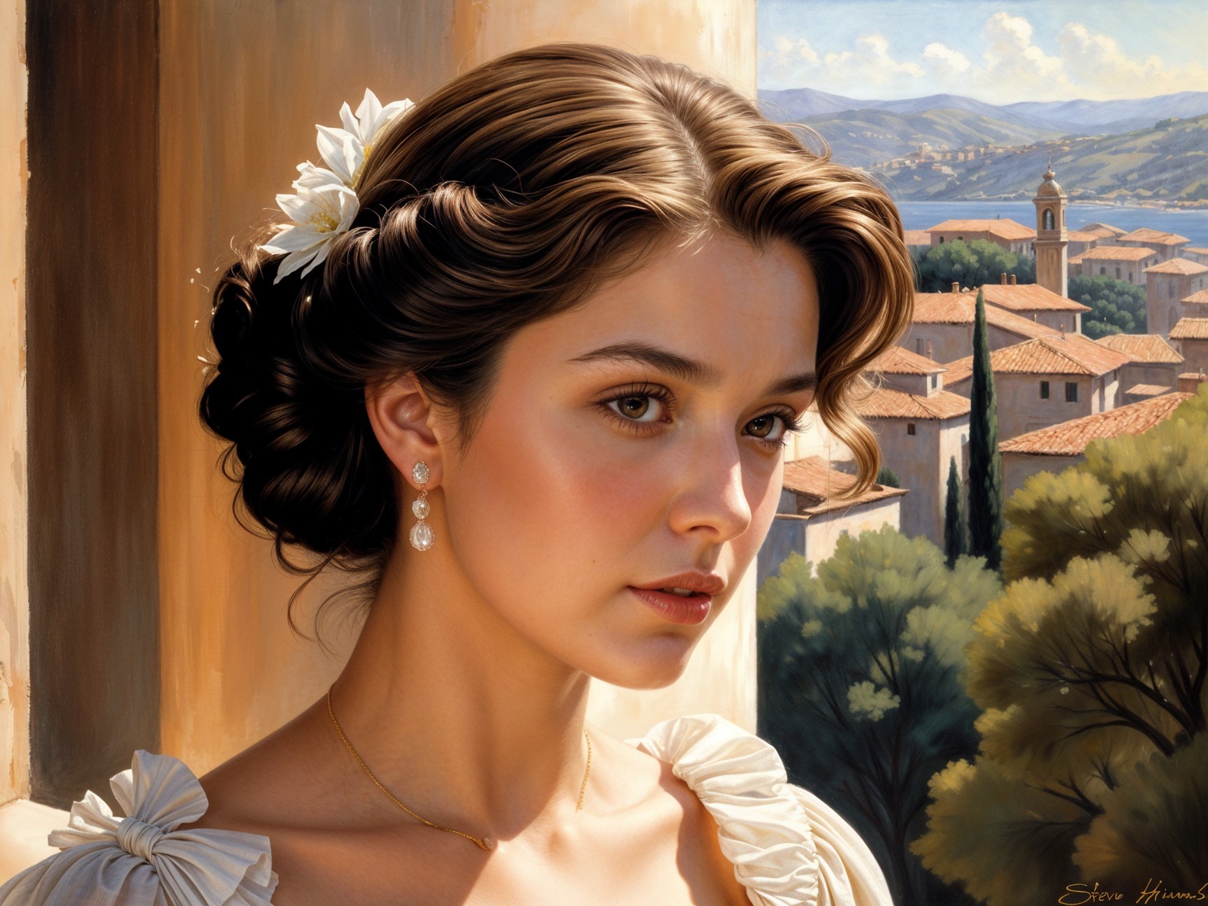 Young woman with flowers gazing from a sunlit window