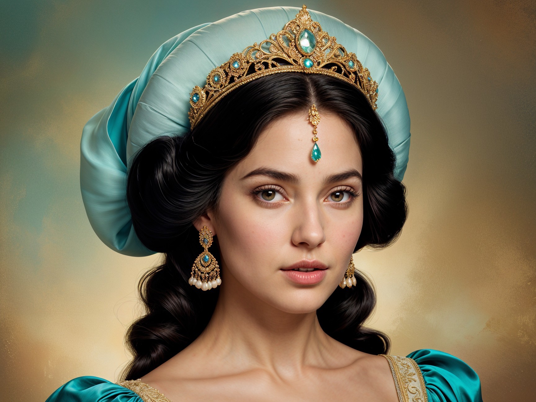 Young woman in turquoise gown with golden tiara