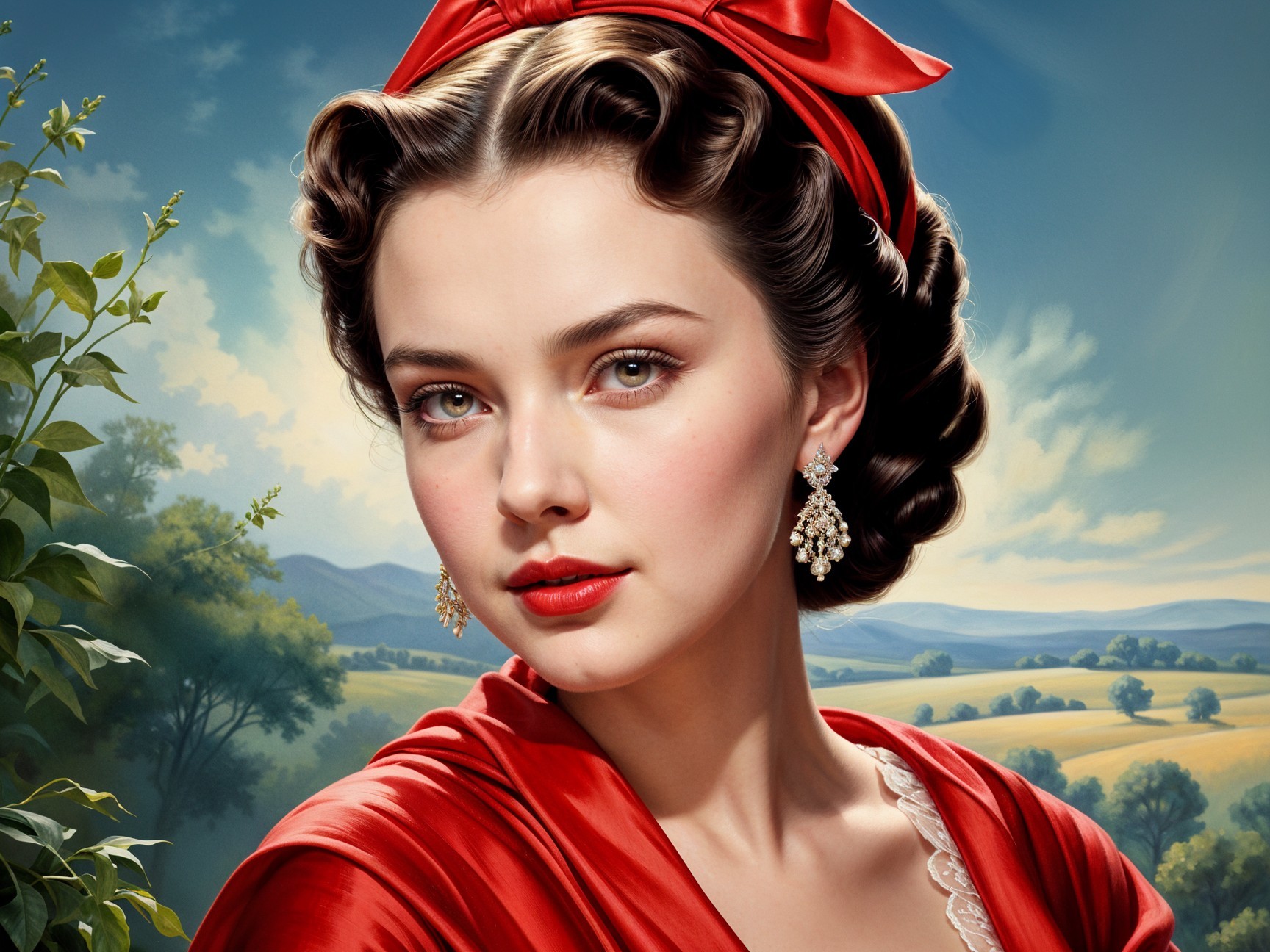 Elegant Woman in Red Dress Against Serene Landscape