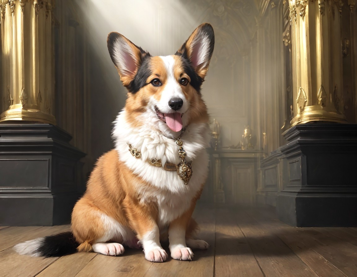 Regal Corgi in Pearl Necklace in Sunlit Ornate Room