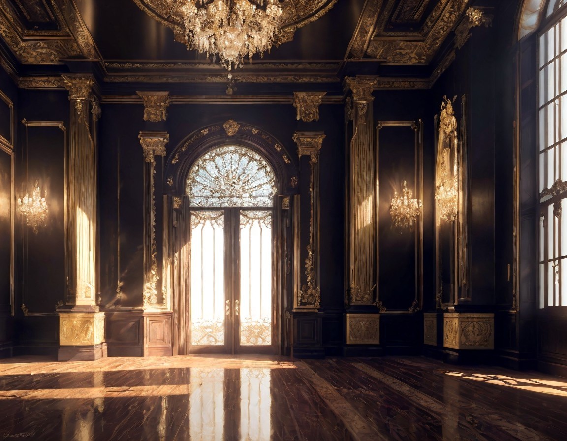 Opulent Interior with Dark Walls and Golden Accents