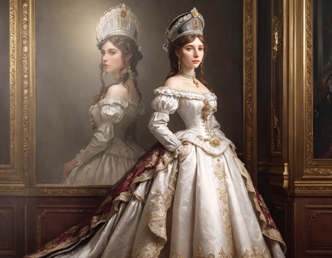 Elegant woman in historical white gown with gold accents and headdress mirrored.