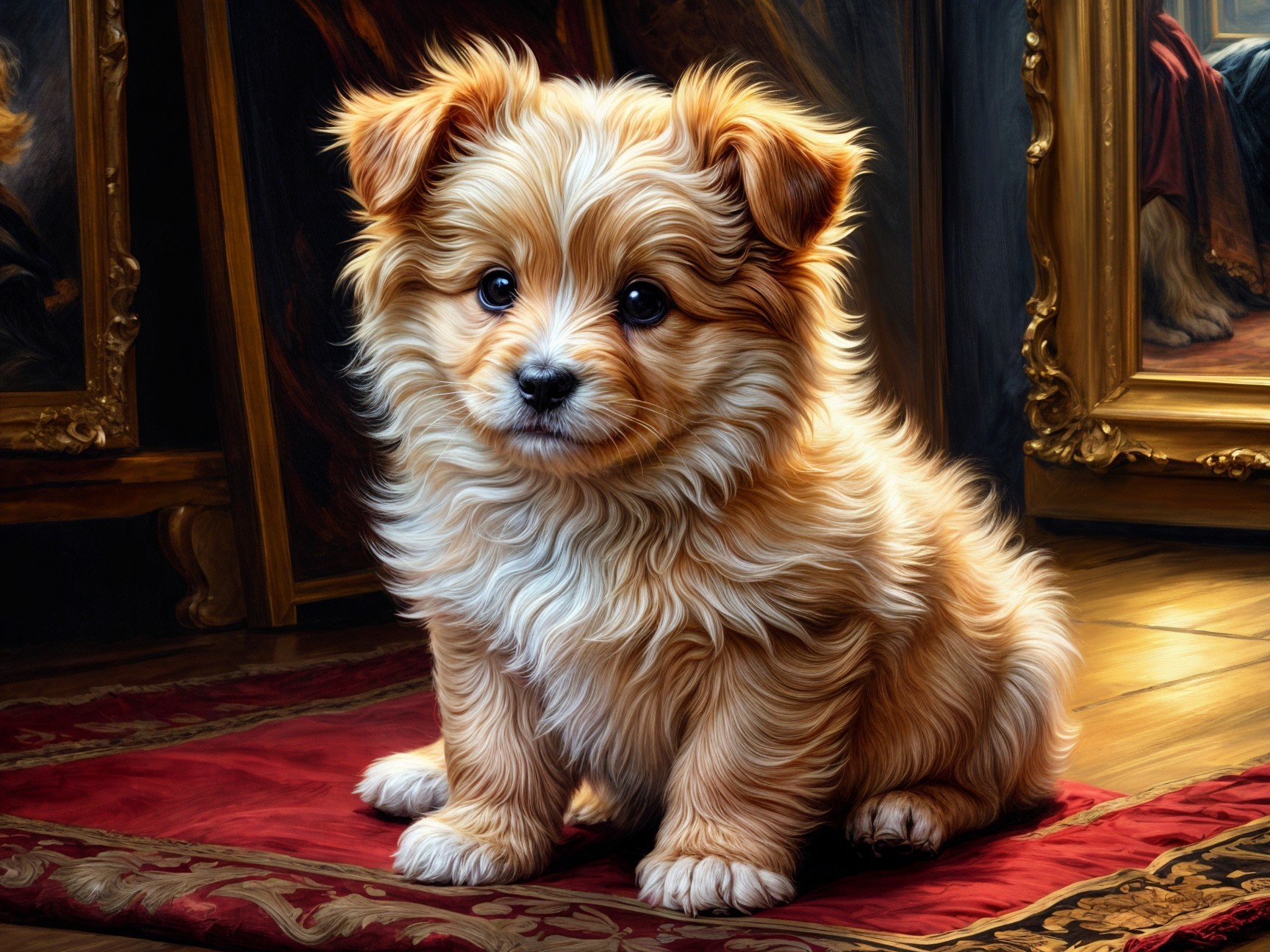Golden-brown puppy on red carpet with art frames