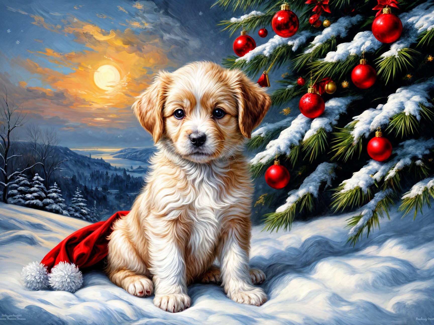 Fluffy Puppy in Santa Hat Among Snowy Landscape