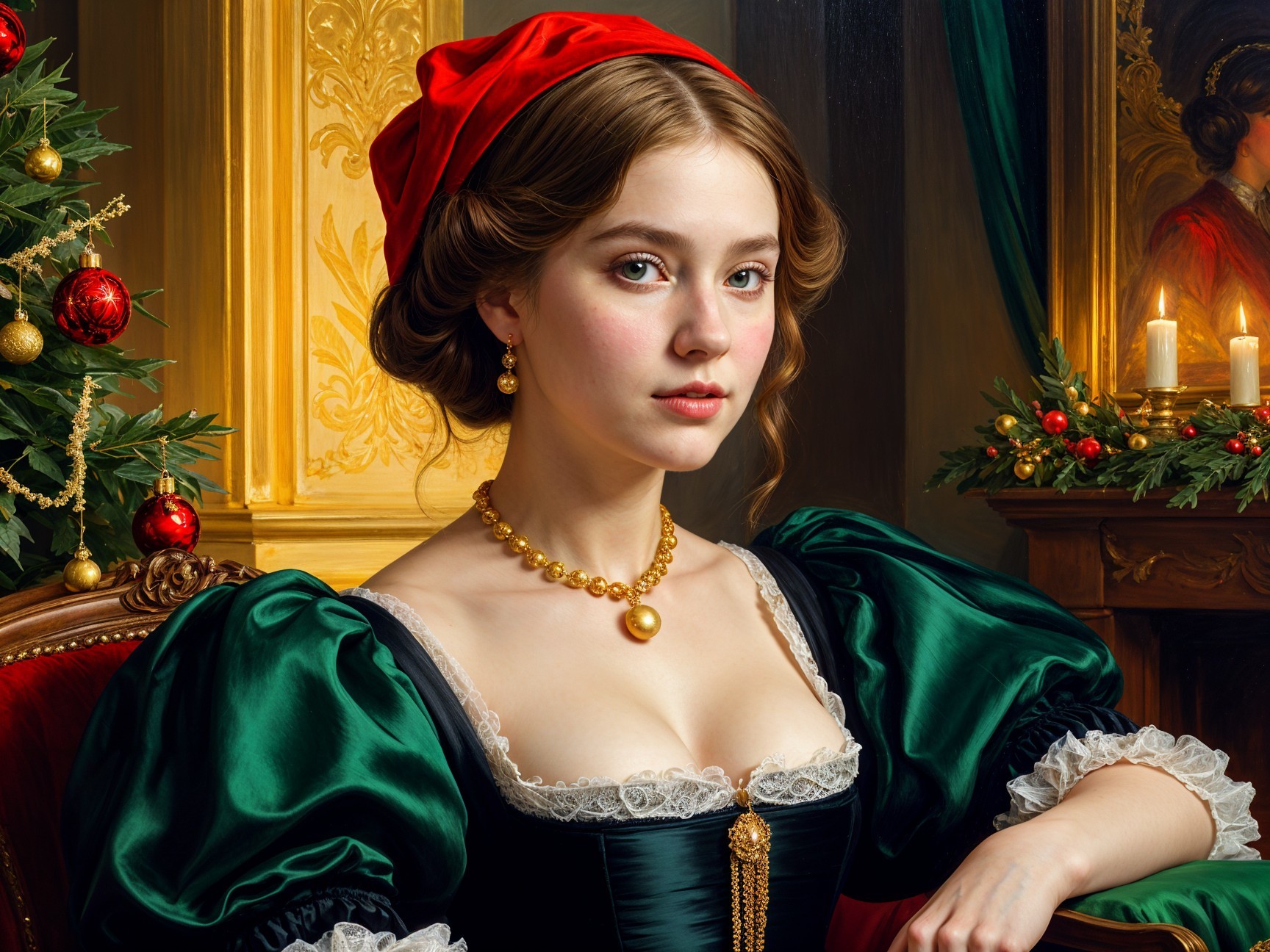 Young Woman in Elegant Green Gown in Historical Setting