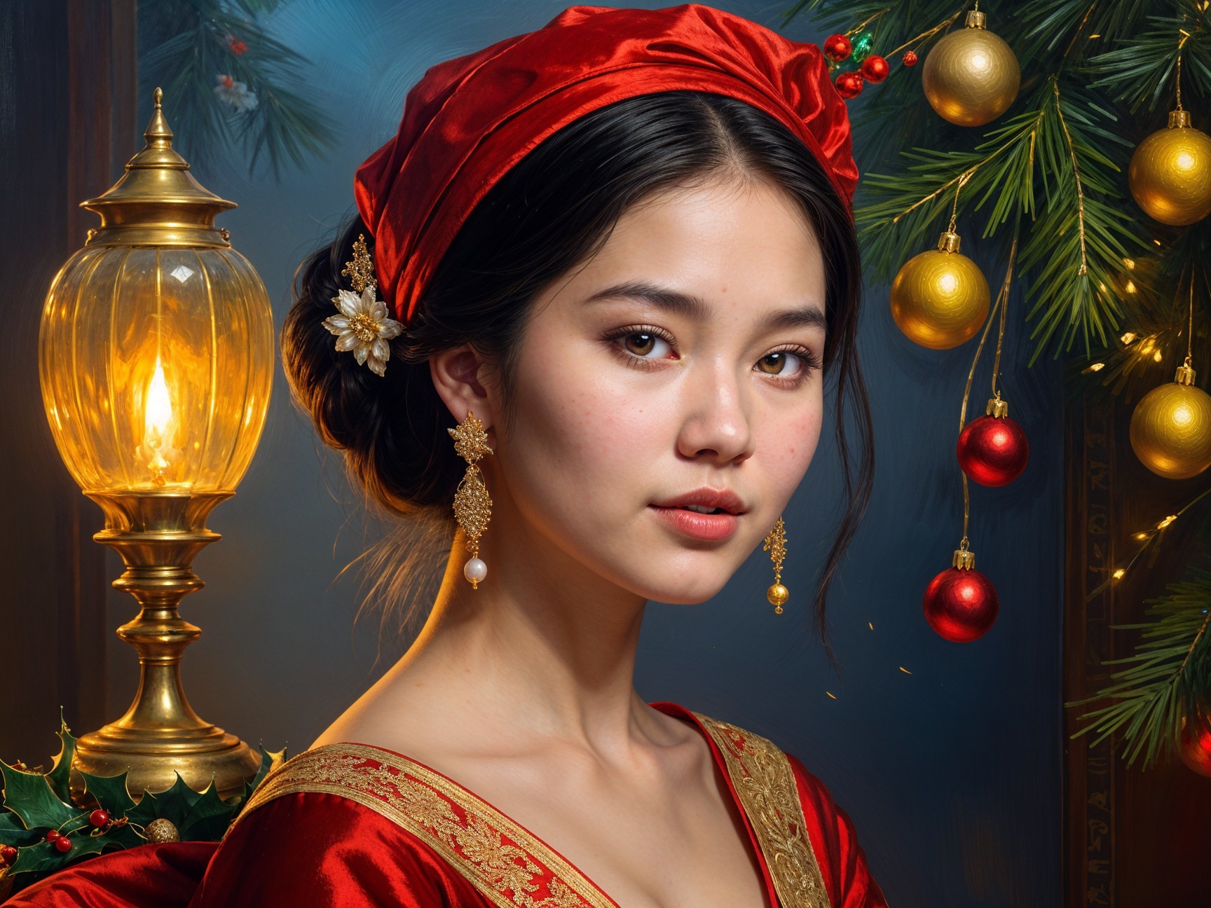 Young woman in red gown poses with festive decor