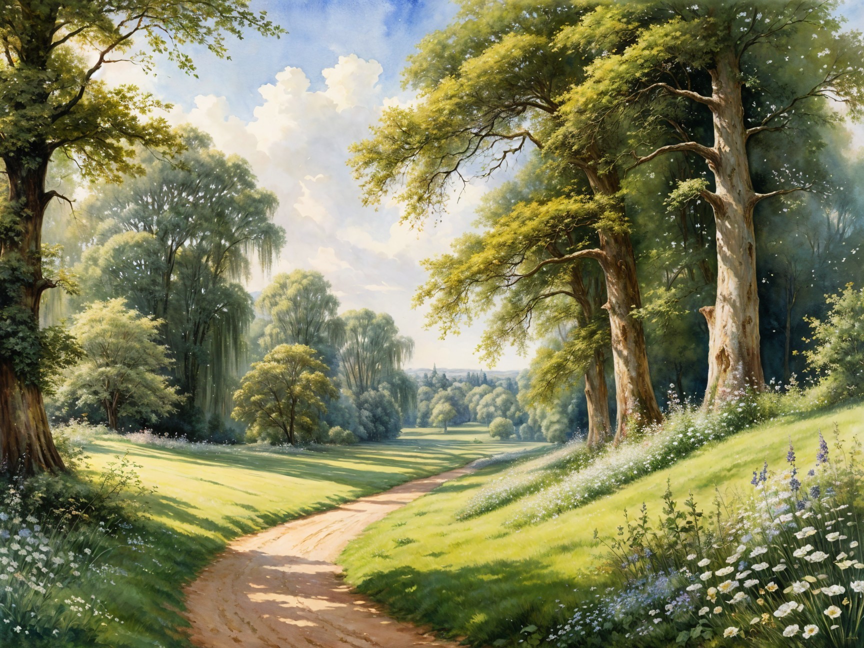 Serene Landscape with Winding Path and Lush Meadow