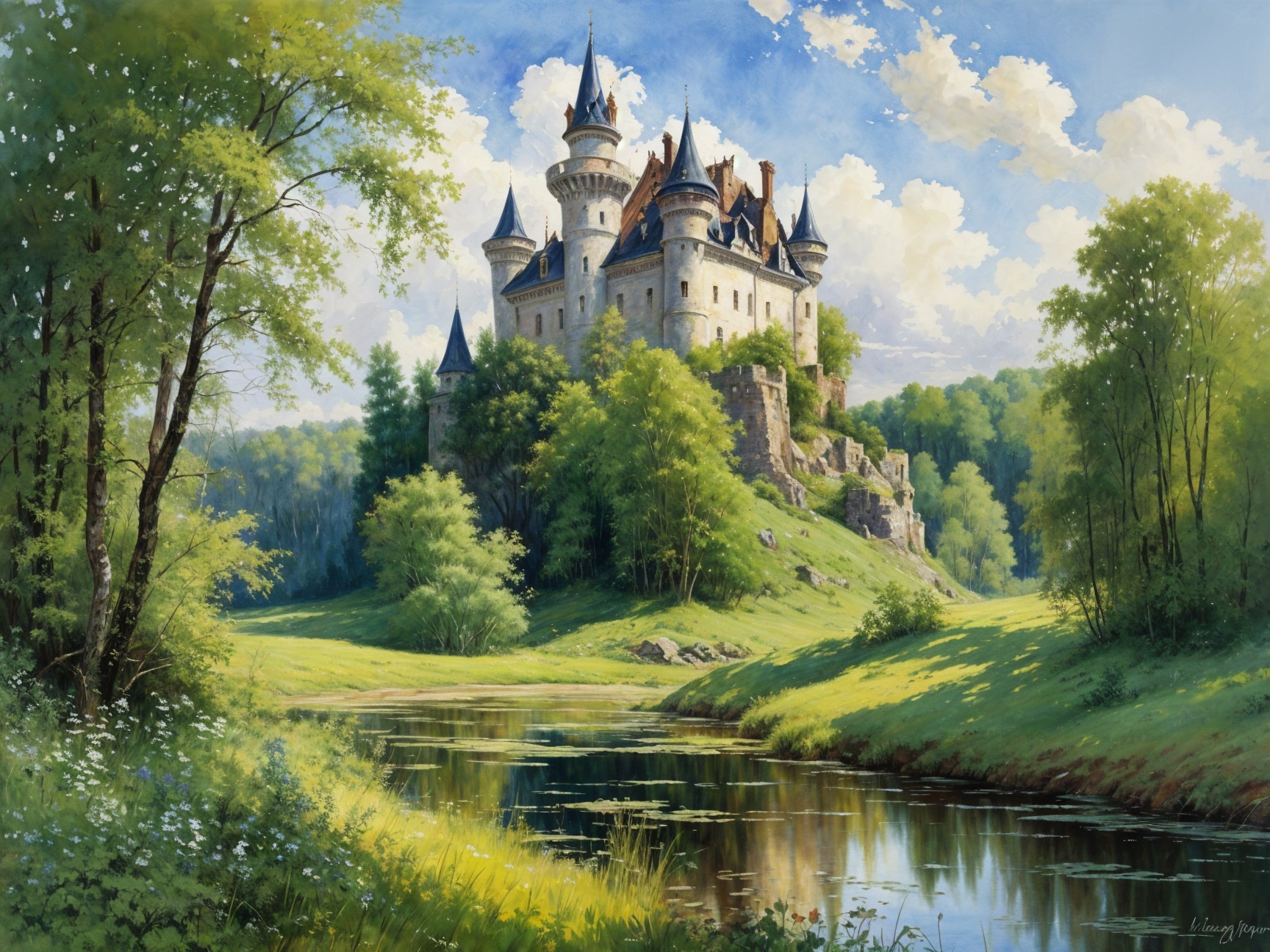 Majestic castle on a green hill with serene river