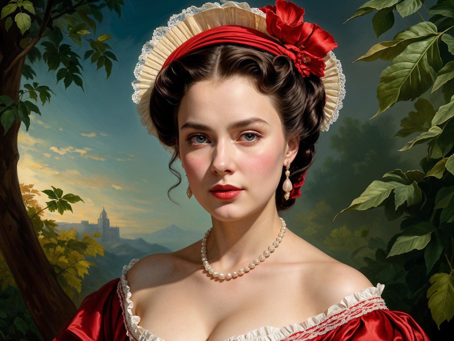 Young Woman in Vintage Gown with Romantic Landscape