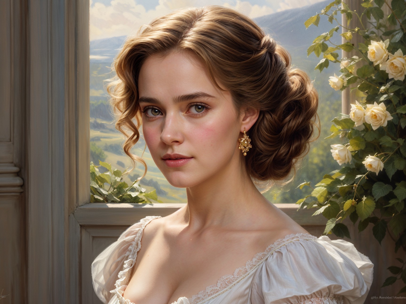 Young woman in elegant curls and white dress with landscape