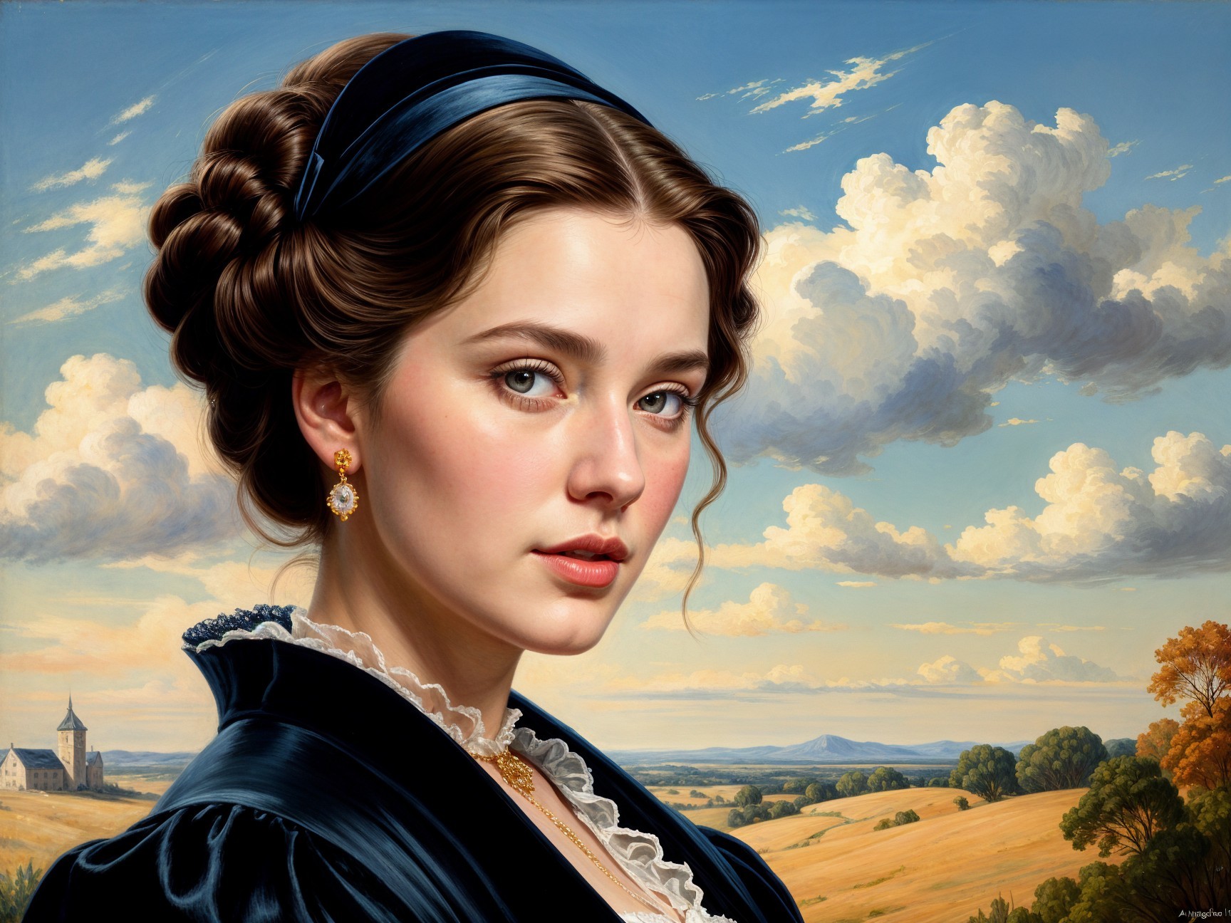 Young Woman in Classic Dress Against Serene Landscape