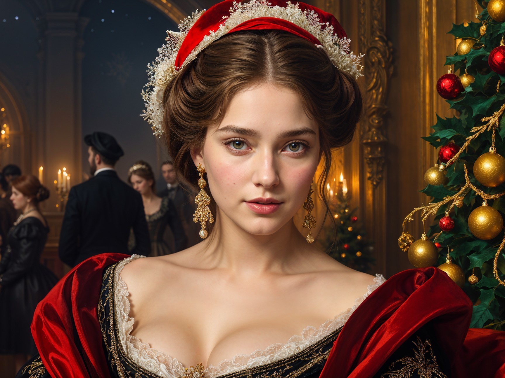 Young Woman in Elegant Red Gown in Festive Room