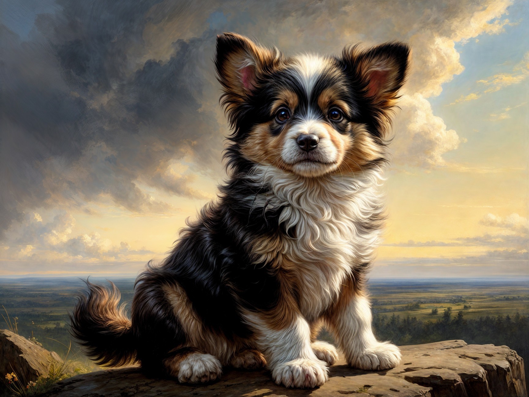 Fluffy Puppy on Rocky Ledge with Scenic Background