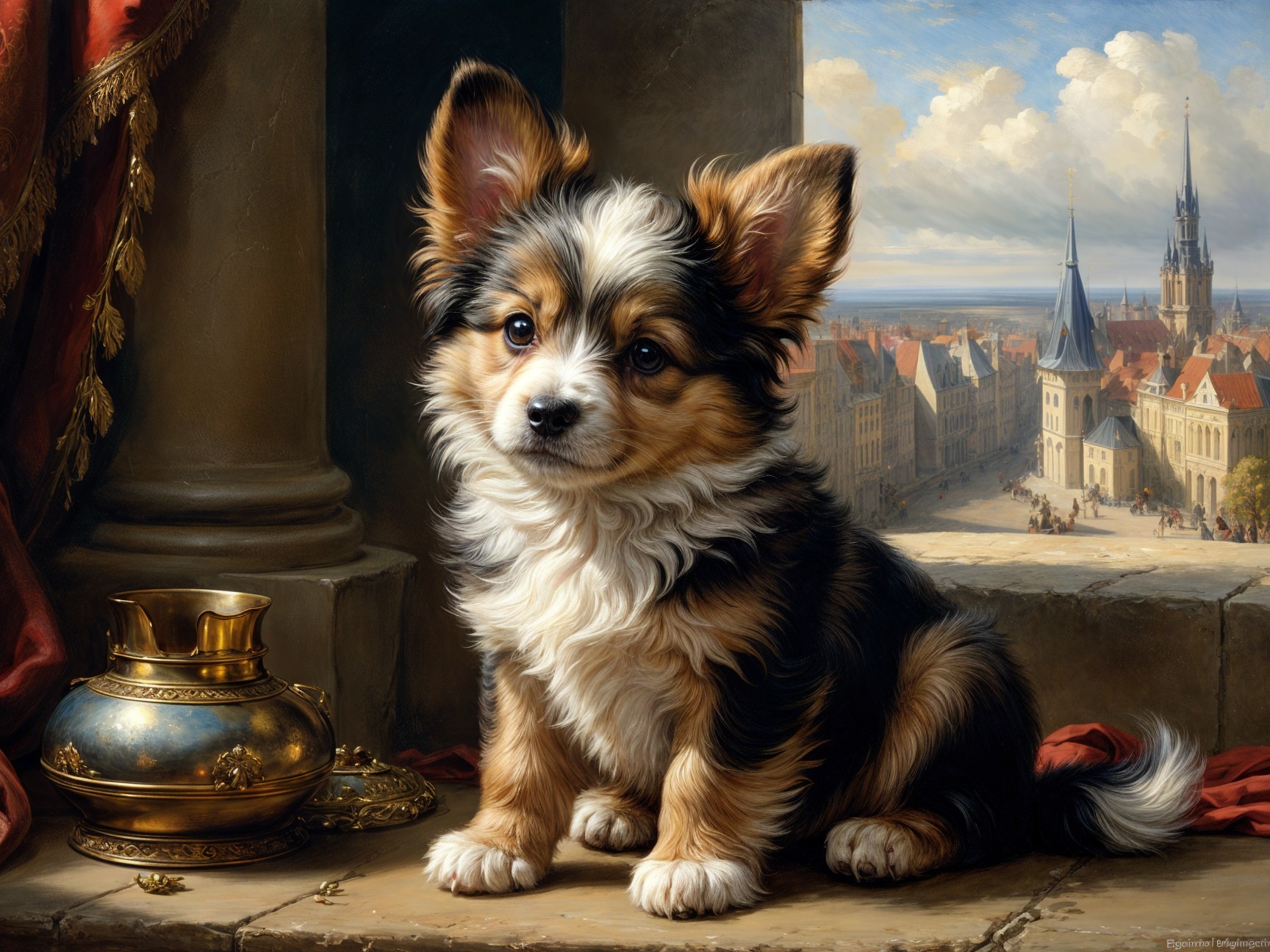Fluffy Puppy in Ornate Room with Cityscape View