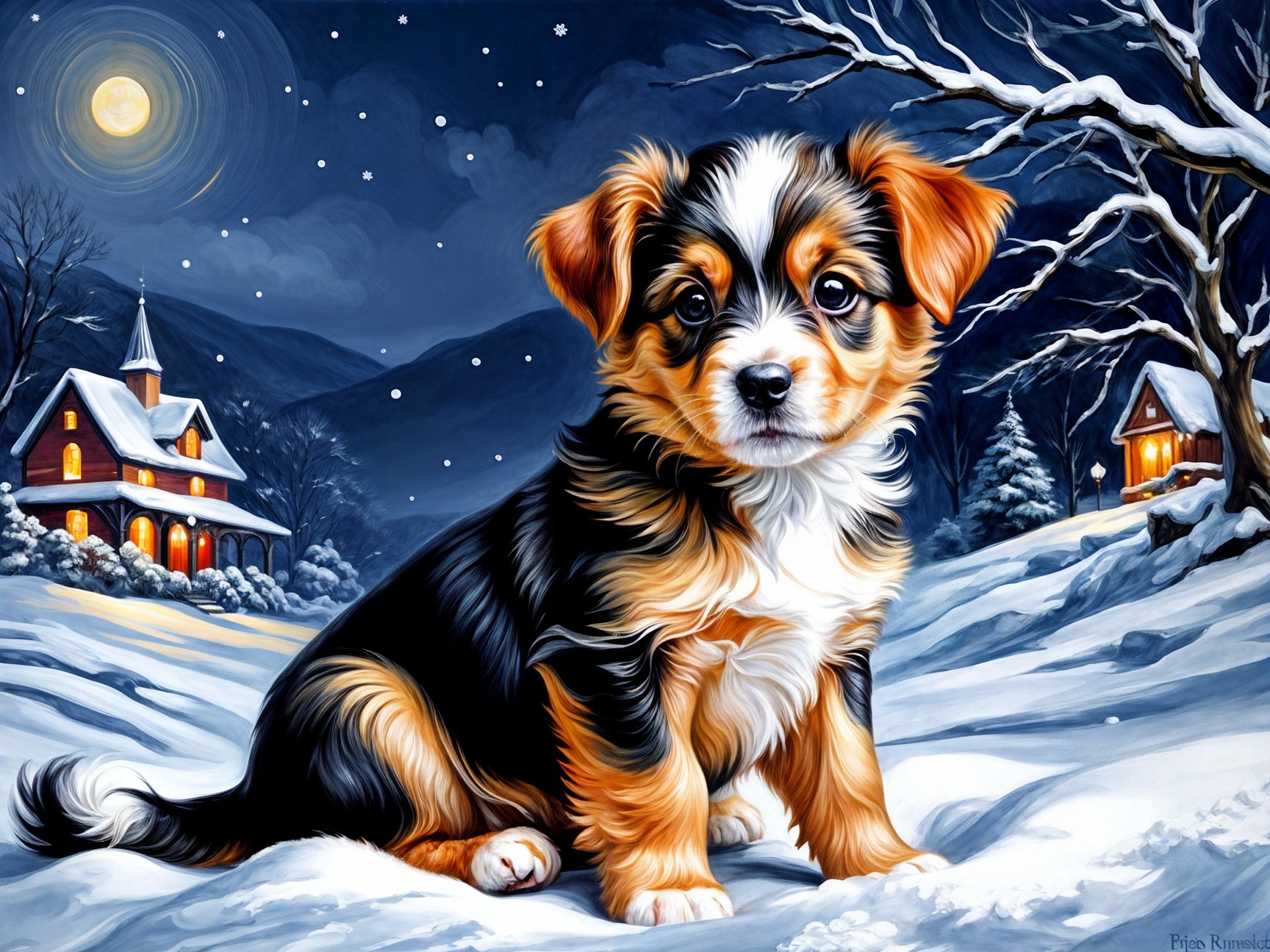 Puppy in Snowy Landscape with Cozy Cottages and Moonlight