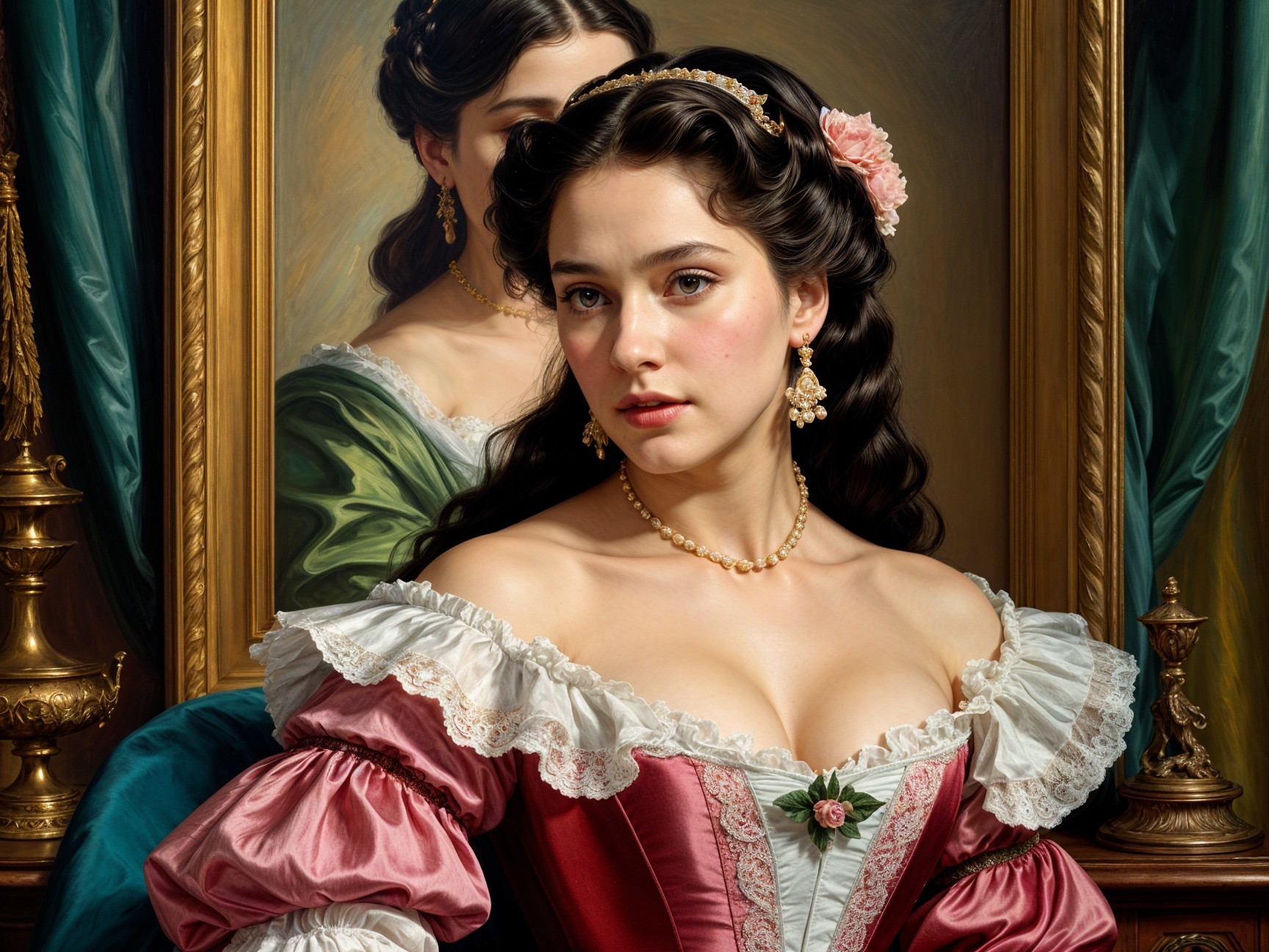 Thoughtful Young Woman in Lavish Gown and Jewelry