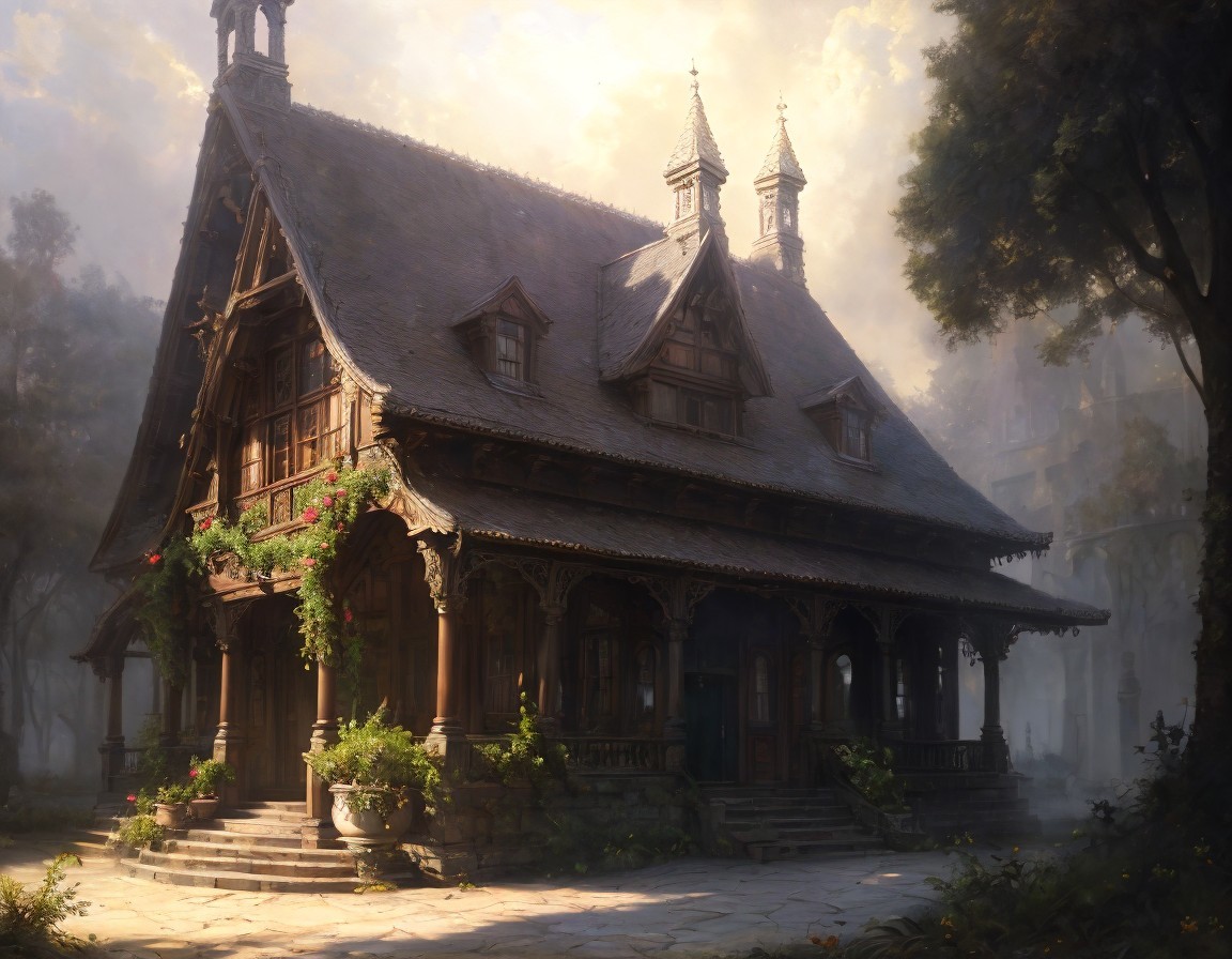 Enchanting Forest Cottage with Flowering Vines and Light