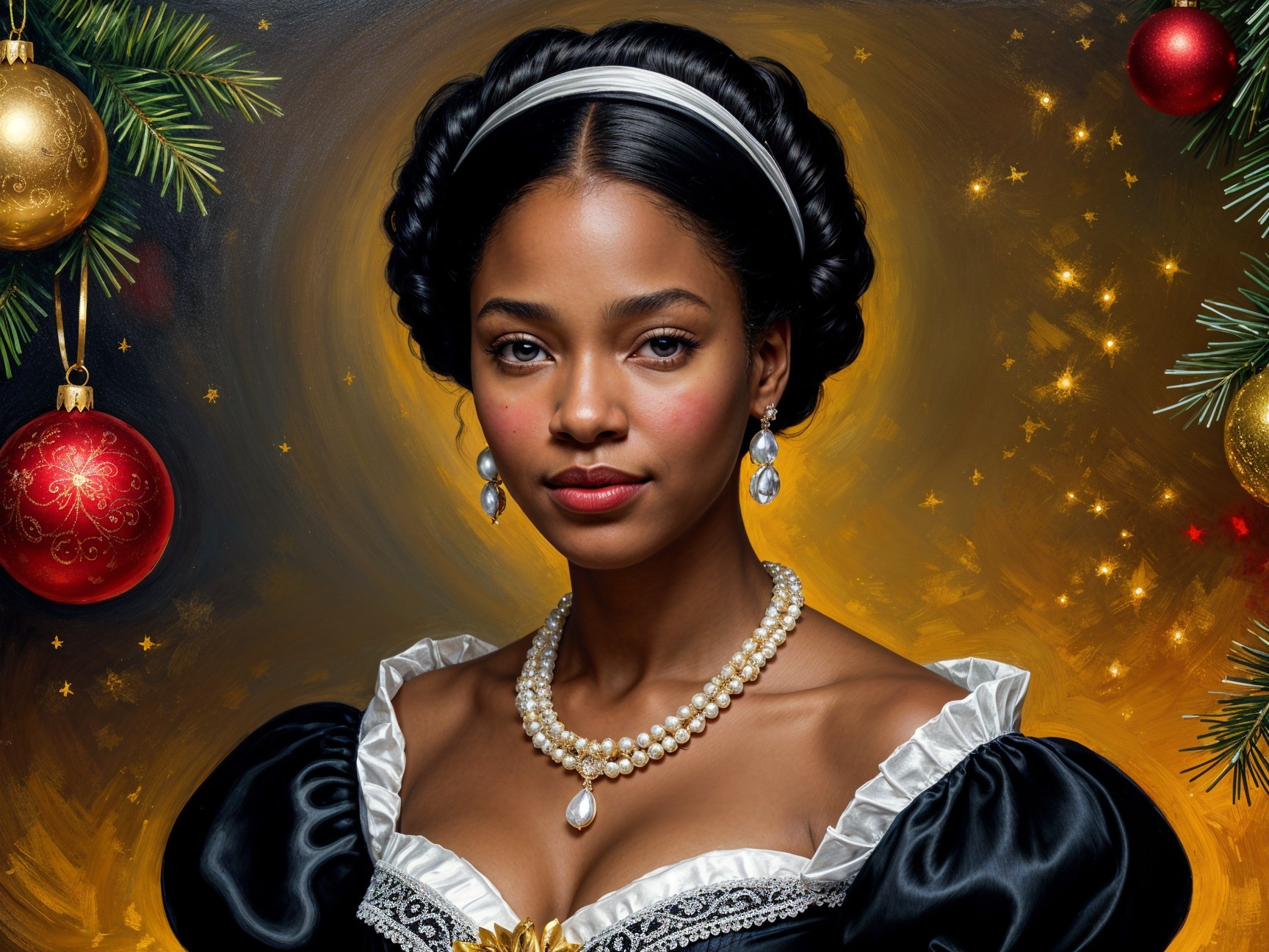 Portrait of a young woman in a black gown with ornaments