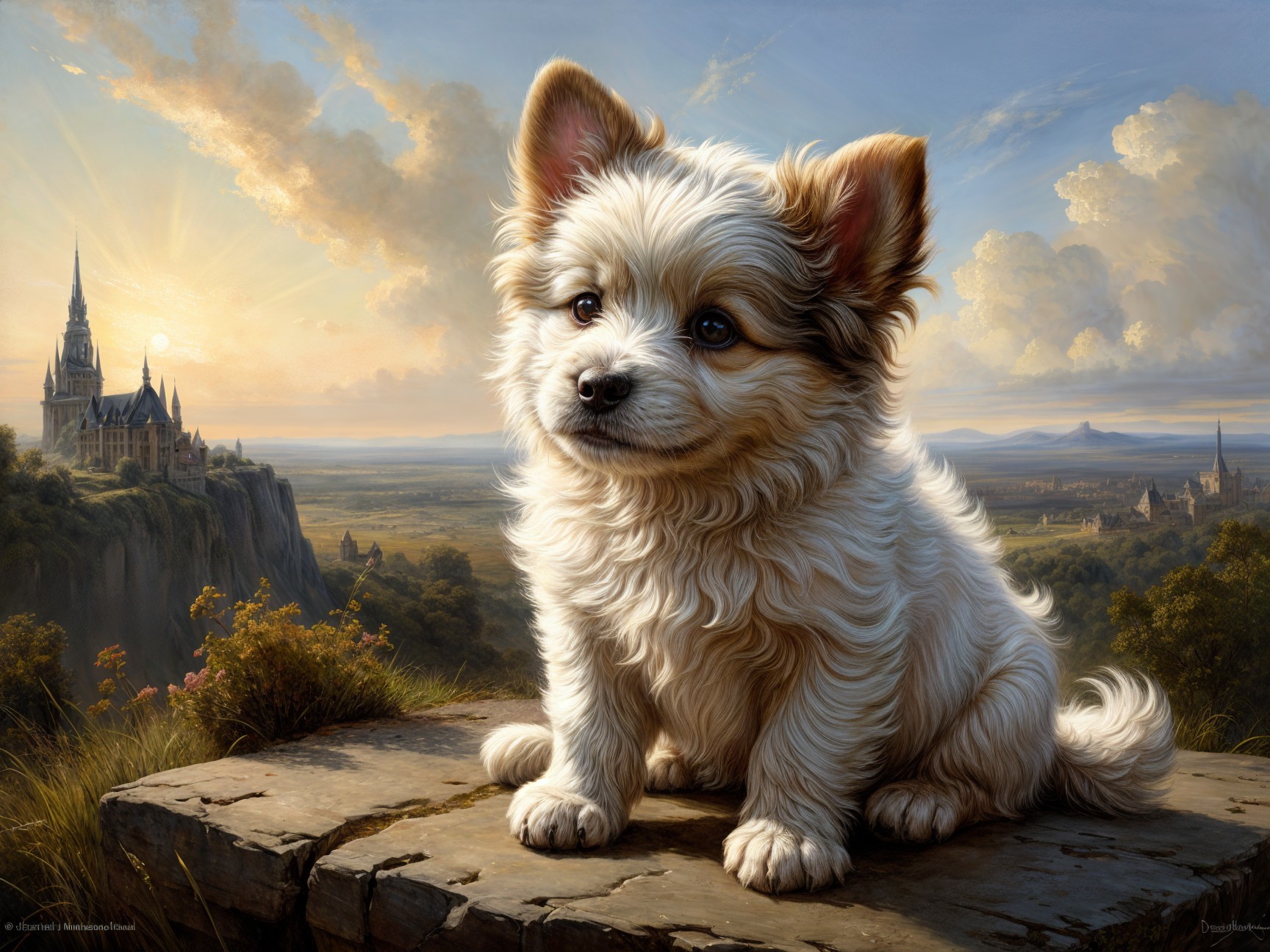 Fluffy Puppy on Rocky Outcrop with Castle Background