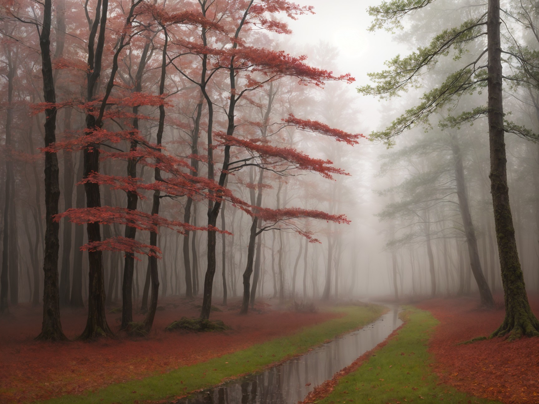 Serene misty forest with vibrant red leaves and stream