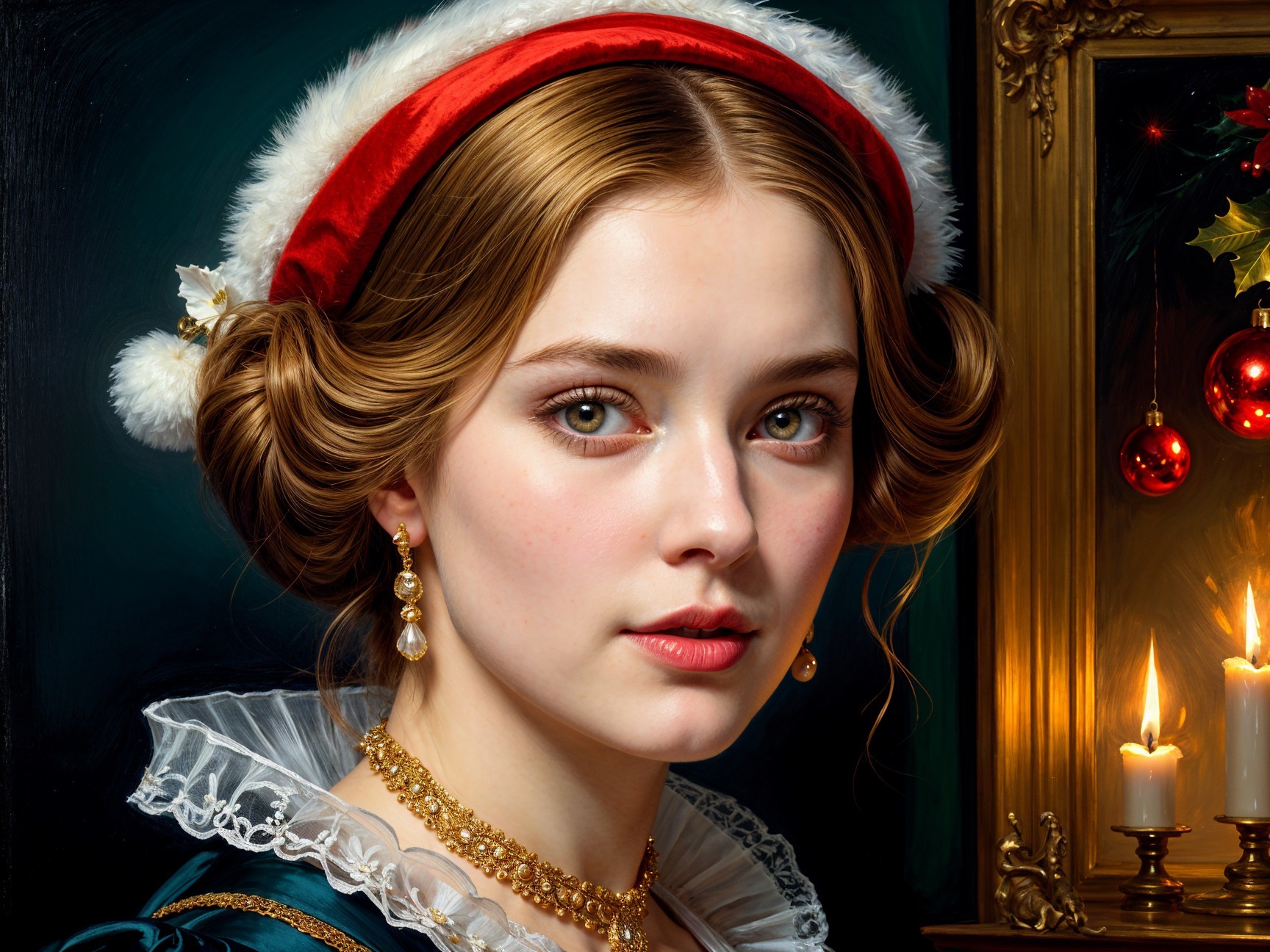 Young Woman in Victorian Dress with Holiday Decor