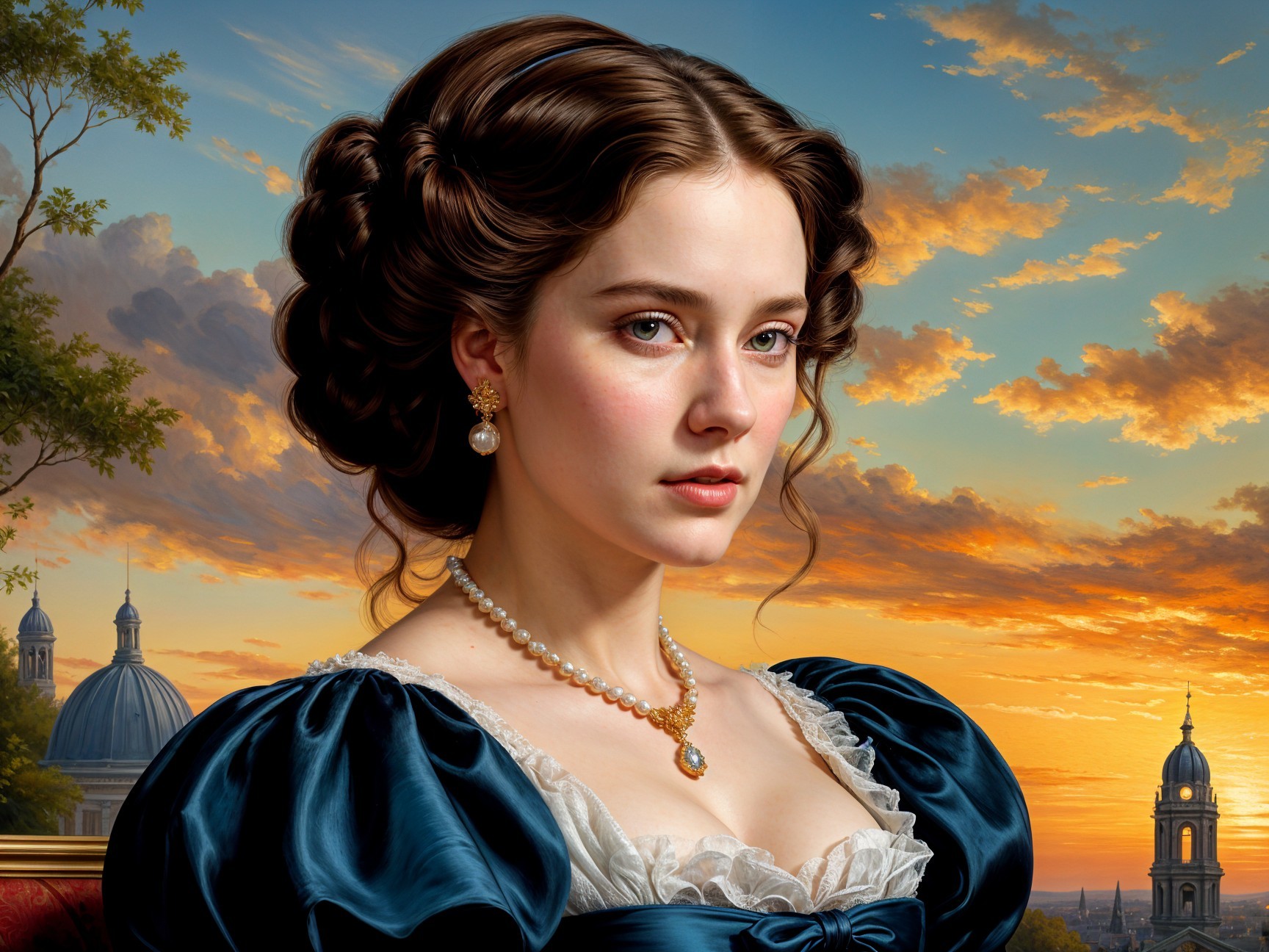 Young Woman in Elegant Blue Dress at Sunset