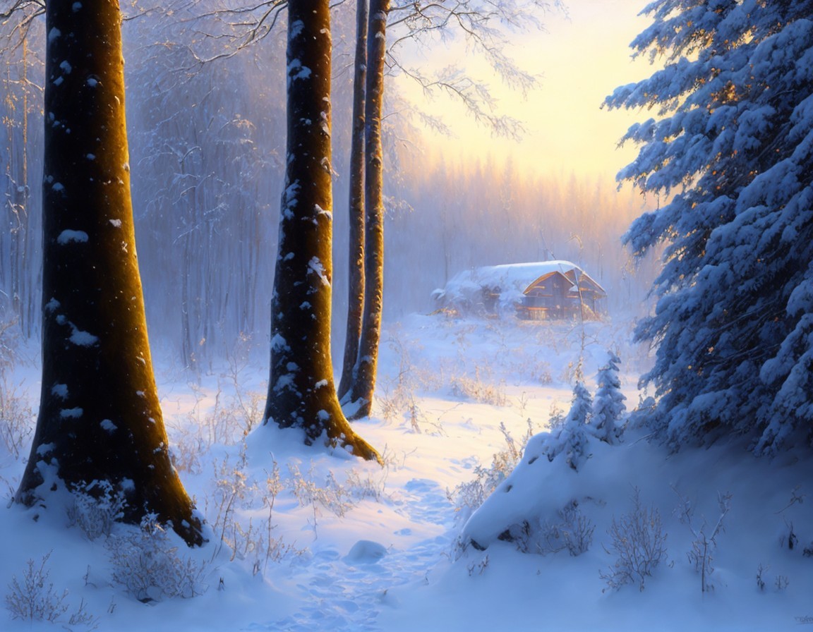 Snow-covered ground with cabin and tall trees in misty forest.
