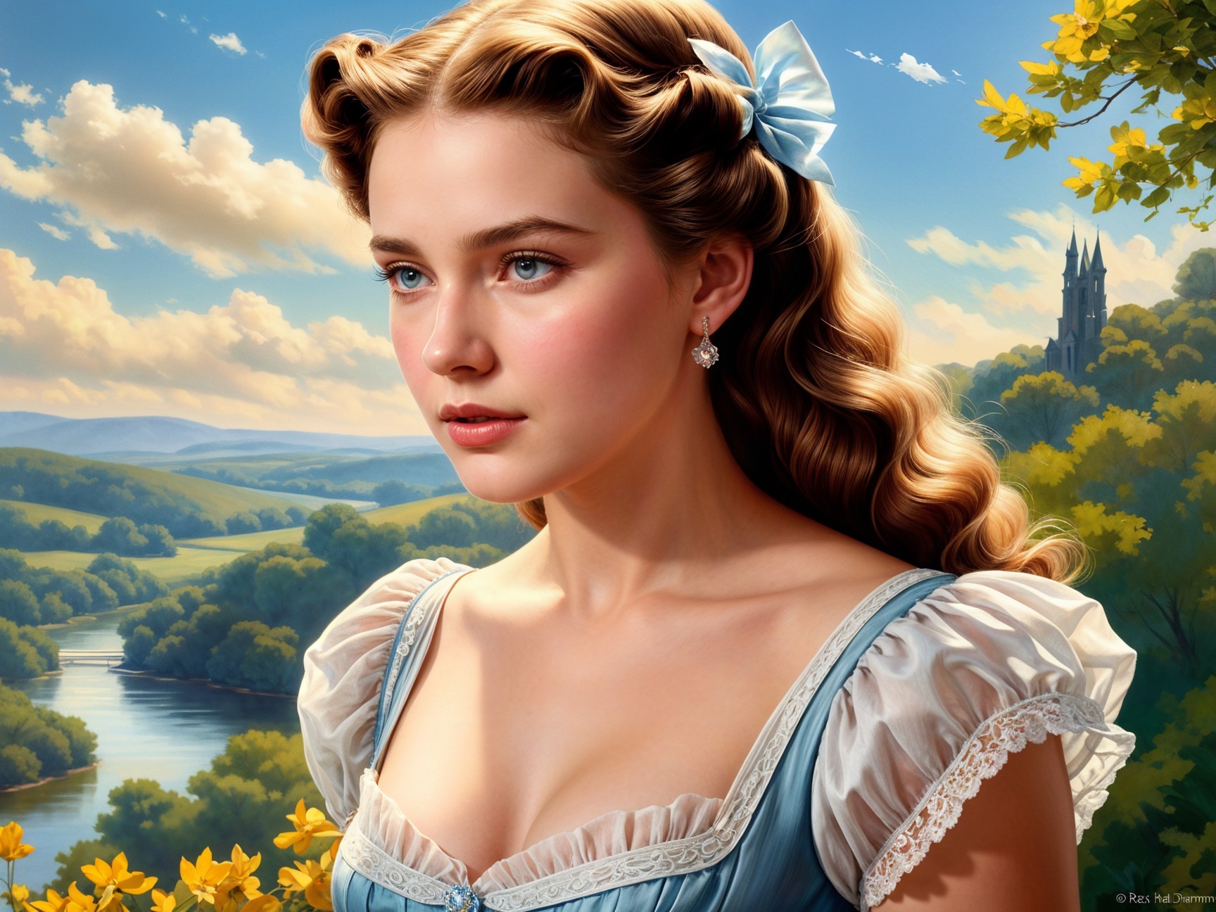 Young Woman in Blue Dress Against Serene Landscape