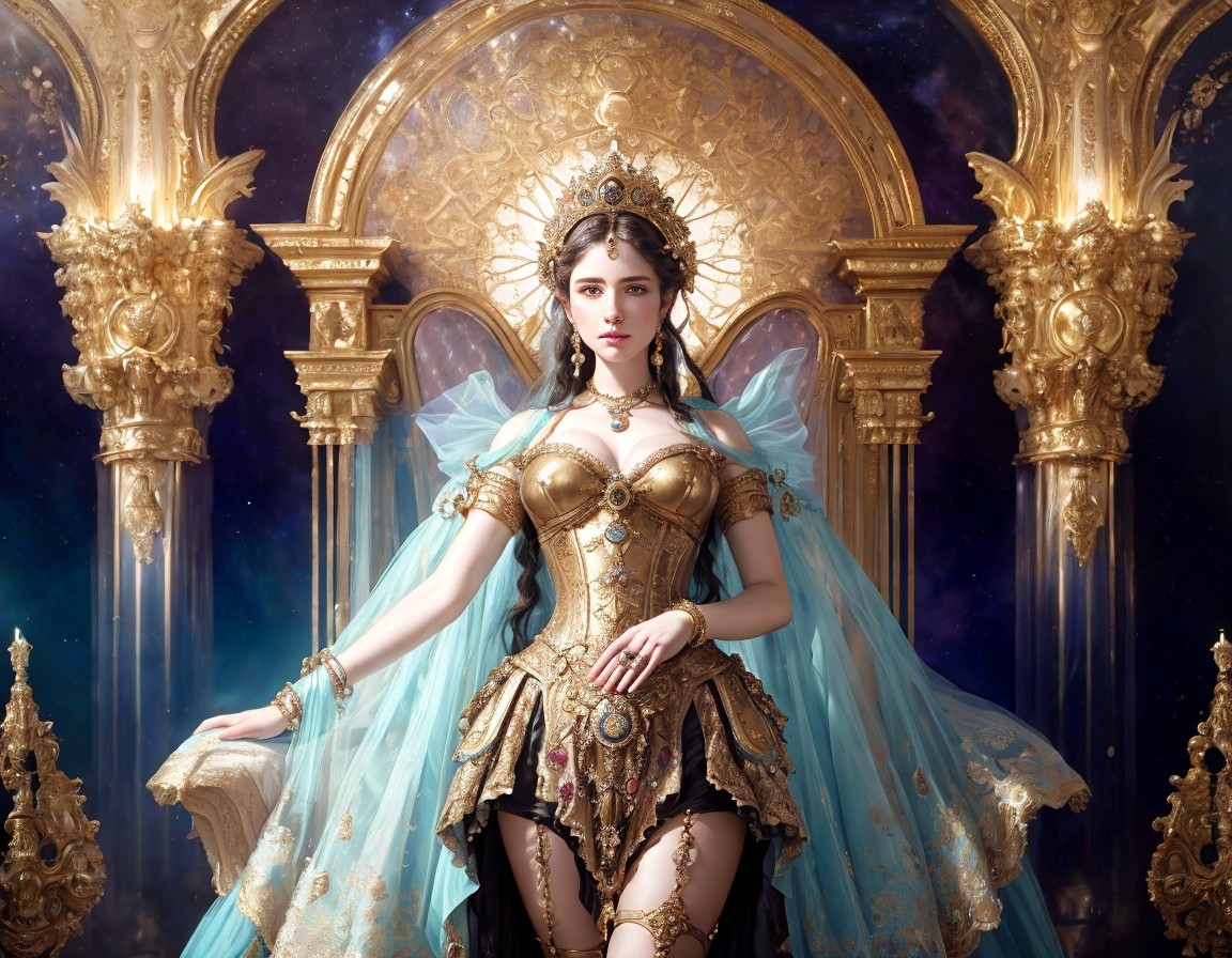Woman in golden corset and blue gown against regal backdrop