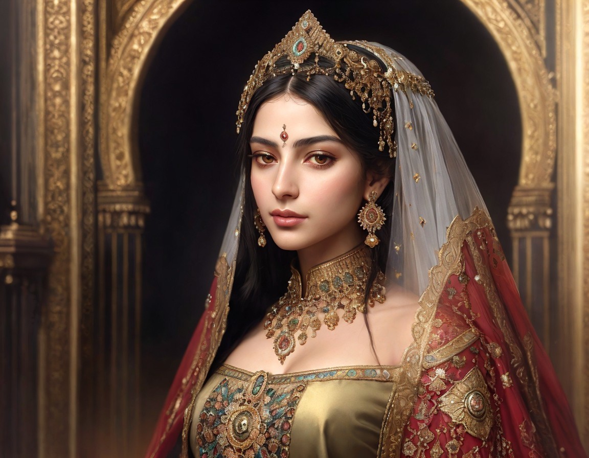 Regal woman in gold and red attire with ornate jewelry