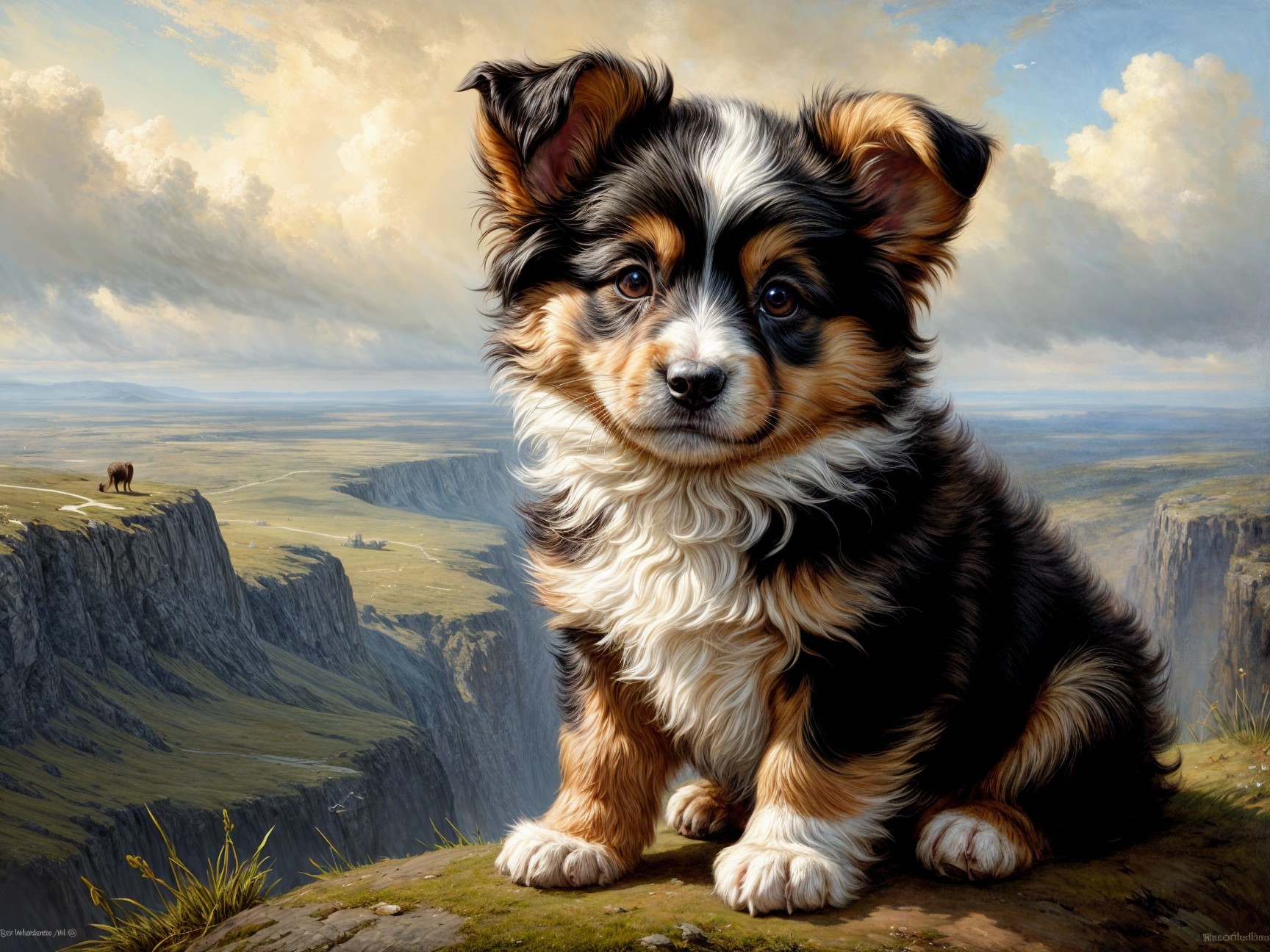 Fluffy Puppy on Grassy Ledge with Scenic Landscape
