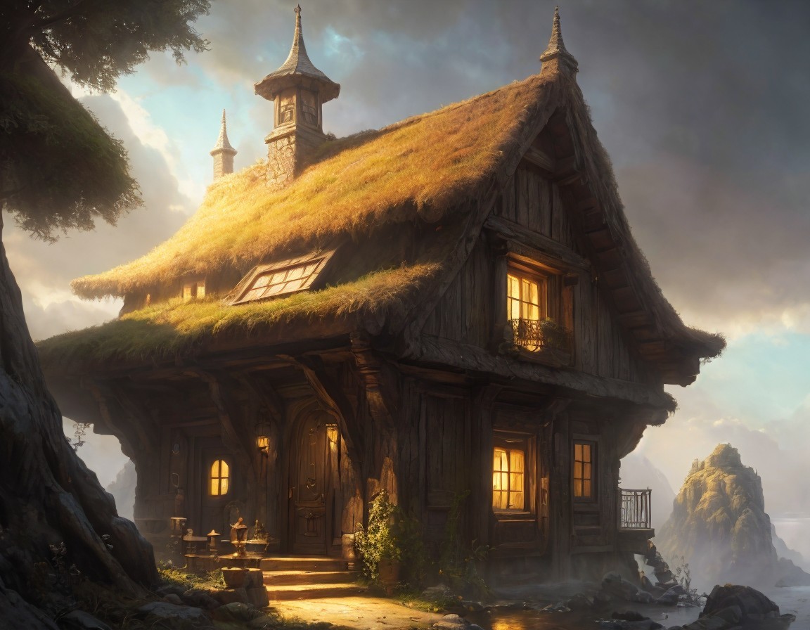 Wooden cottage with thatched roof by the sea at sunset