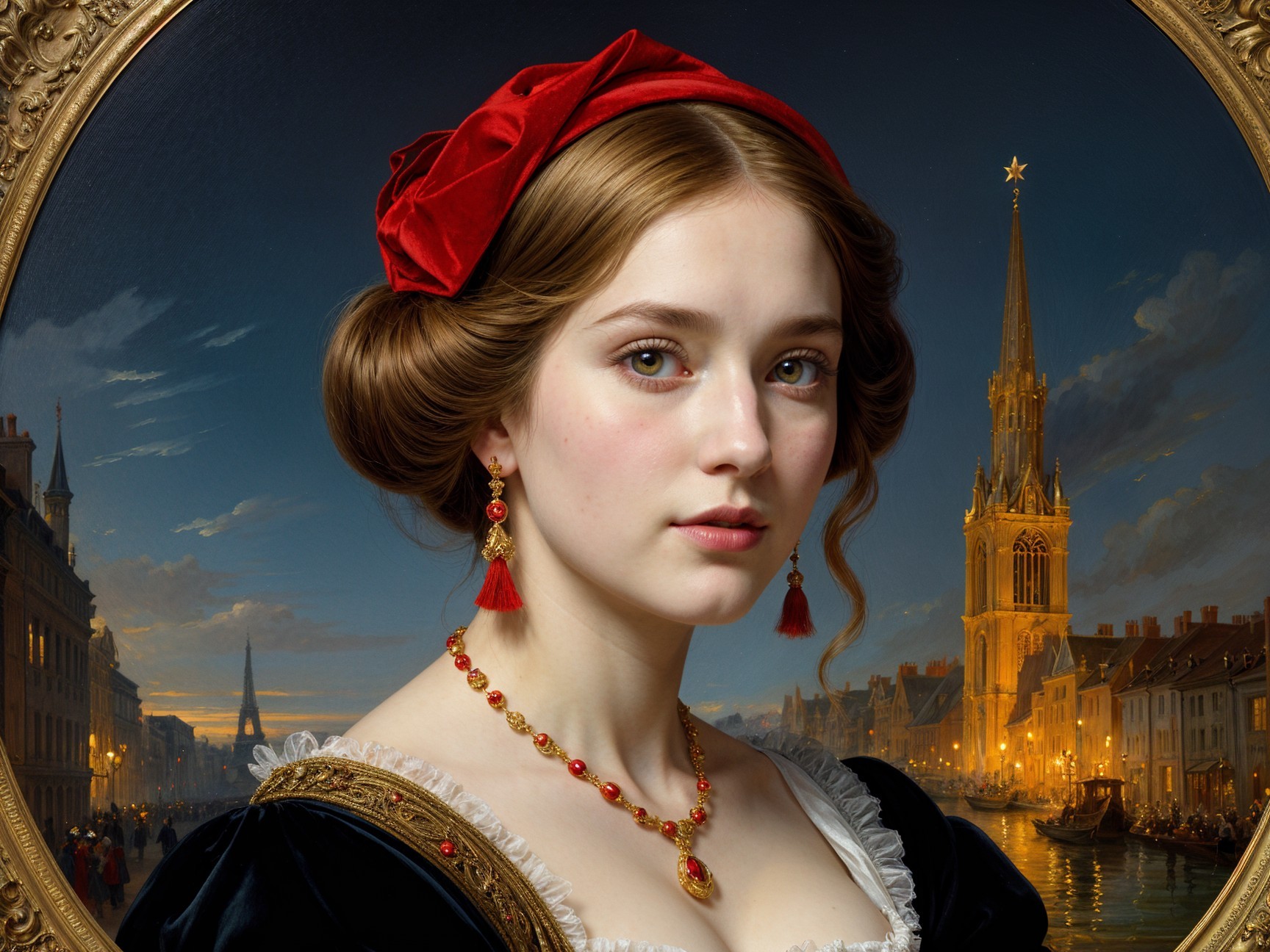 Young woman with red ribbon in cityscape at dusk