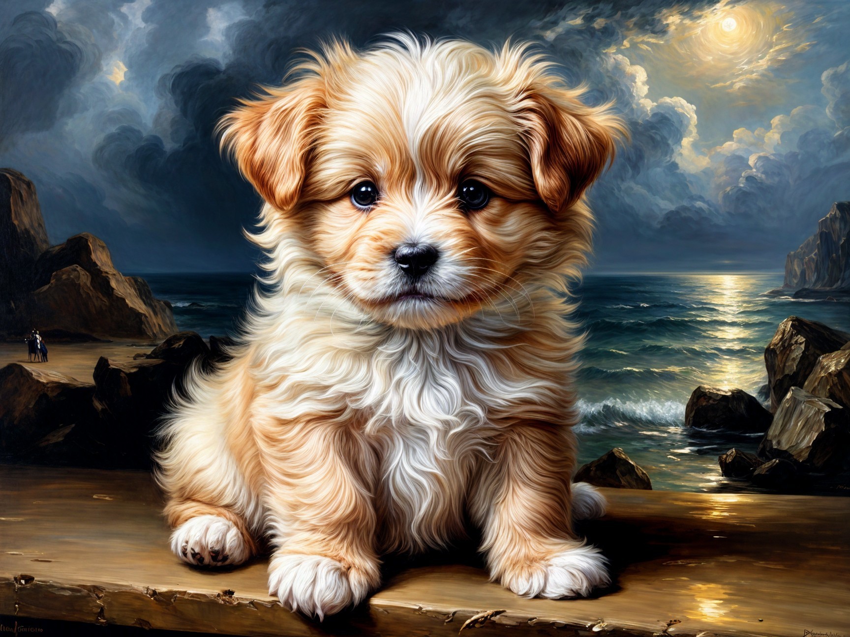 Fluffy Golden-Brown Puppy Against Ocean Backdrop